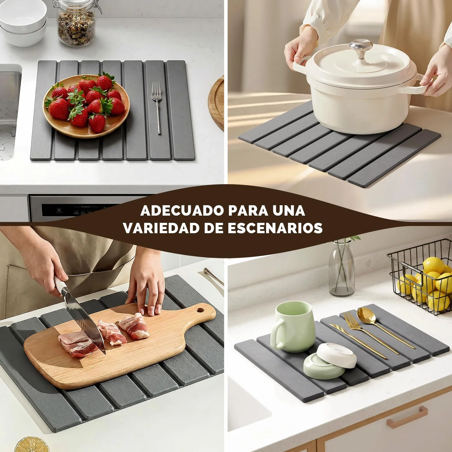 Escurreplatos de Diatomita Absorción Rápida y Secado Rápido Piedra Diatomita Alfombrilla Escurridor de Platos Fregadero Cocina Gris Oscuro 40 x 30cm