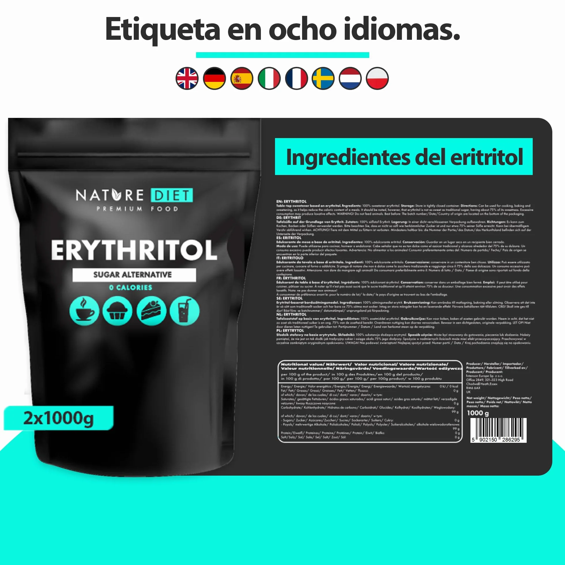Nature Diet Eritritol 2 x 1000 g Edulcorante natural Cero calorías