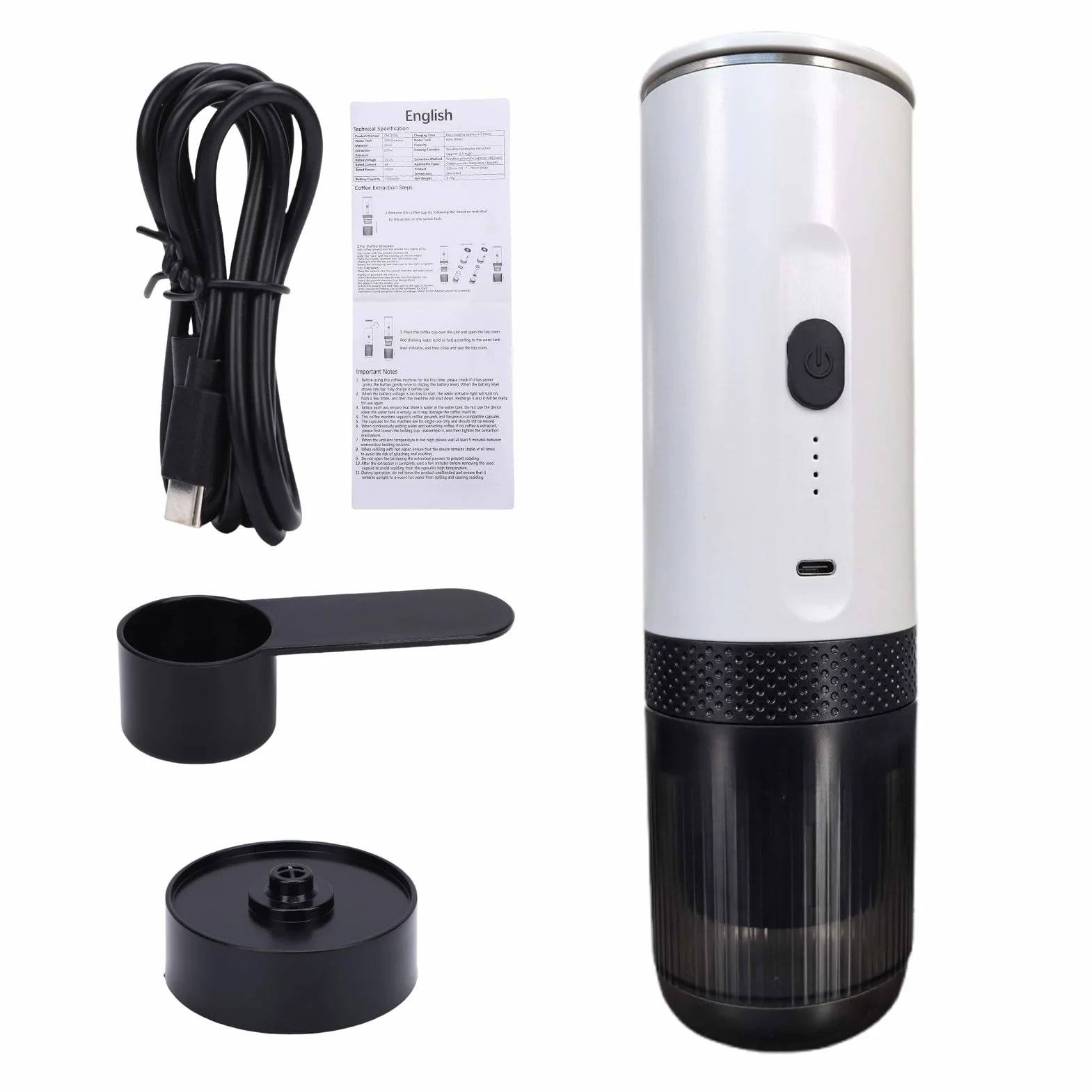 Máquina de café Portátil, 20 Bar de Presión Recargable USB C Portátil para Viajes, de Viaje con Cápsulas de café Molido de Doble Uso Calentamiento Rápido 7500 MAh (WHITE)