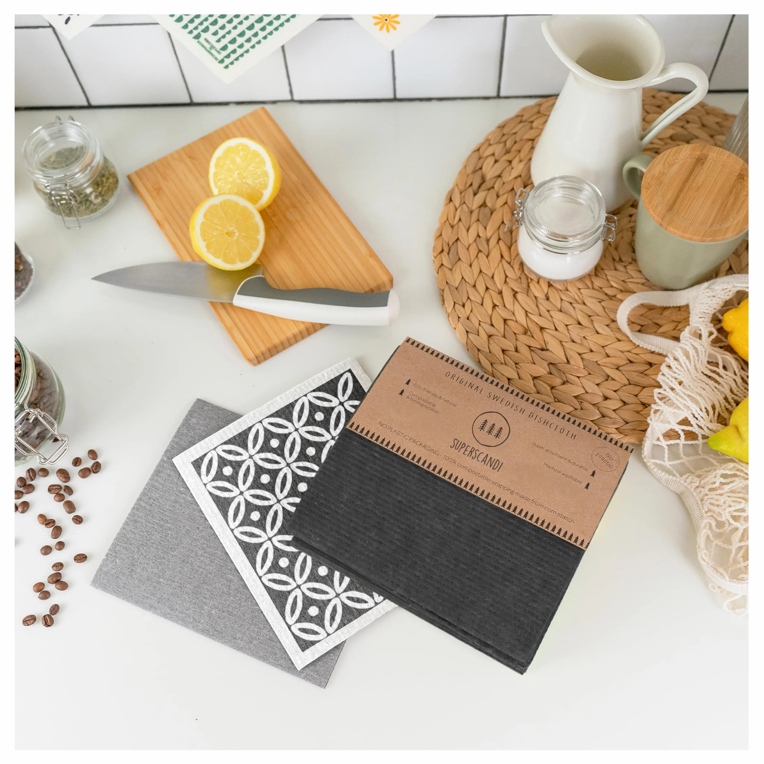SUPERSCANDI 6 Piezas Paños de Cocina Biodegradables Compostables Reutilizables Sin Plástico Gris