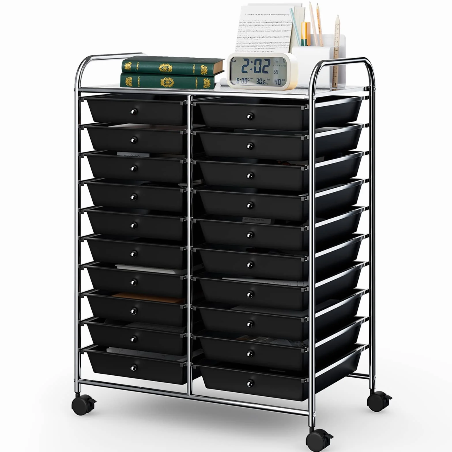 GOPLUS Carro de almacenamiento de metal con 20 cajones, torre de almacenamiento, carrito con 4 ruedas, 2 con frenos, cajones multicolores, ideal para salón, cocina, cuarto de baño (negro)