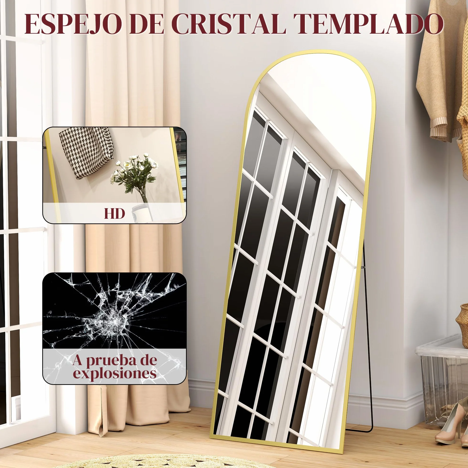 HOMCOM Espejo de Pie Cuerpo Entero de Aleación de Aluminio Espejo de Pared con 2 Formas de Uso Rectangular 60x1,5x165 cm Dorado