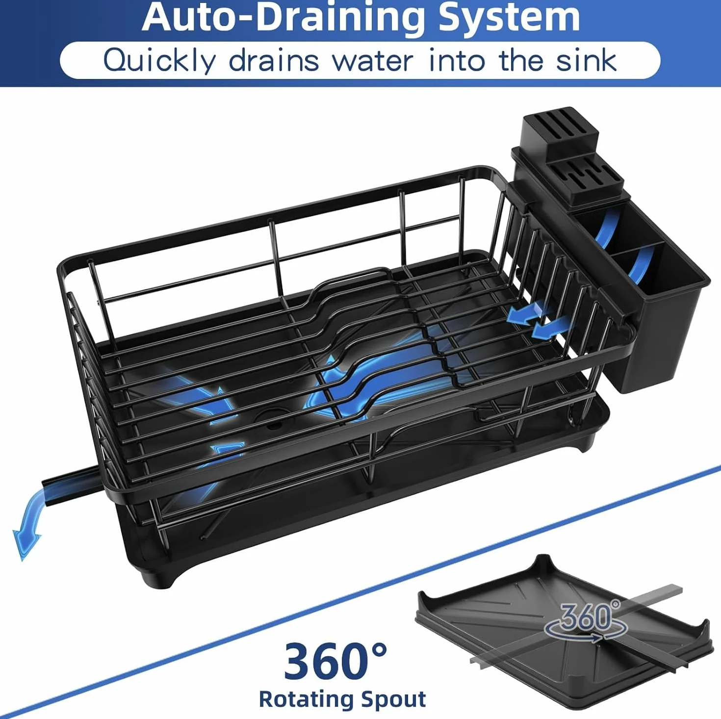 PurKeep Escurreplatos Escurridor de Platos Ahorra Espacio con Soporte para Utensilios, Gran Capacidad, Negro