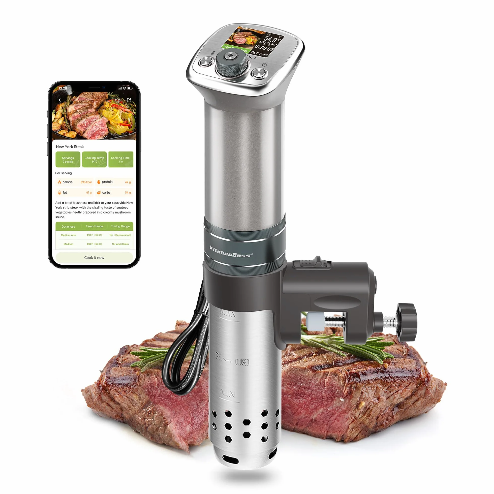 KitchenBoss Sous Vide Roner WIFI: Roner Cocina Baja Temperatura,Inmersión a Prueba de Agua IPX7 Circuladores Control de APP y Temperatura de Precisión TFT táctil Muy tranquilo 40℃-90℃ 1100W