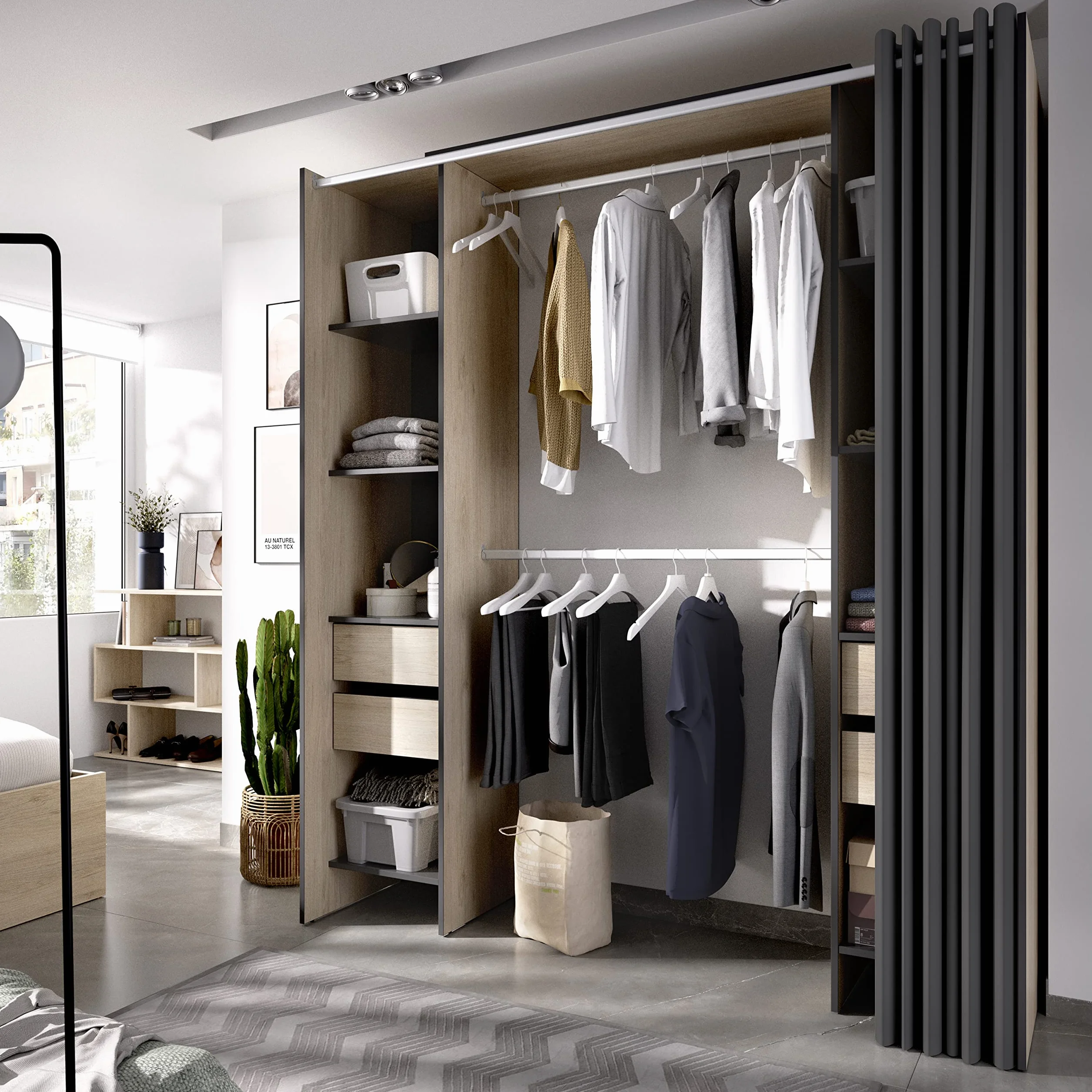 DEKIT GRUPO RIMOBEL SUIT - Vestidor con estantes y curato cajones con cortina - Natural / Grafito - 205 X 50 X 177,5 cm