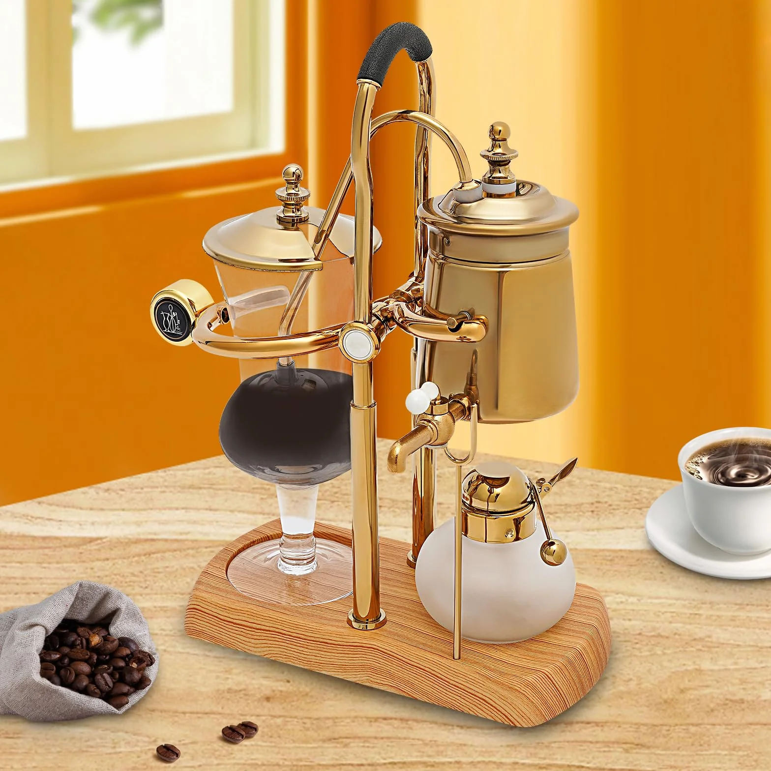 Cafetera con sifón belga Royal Family, máquina de café al vacío, set de tetera con lámpara de alcohol, capacidad de aproximadamente 15 oz, oro