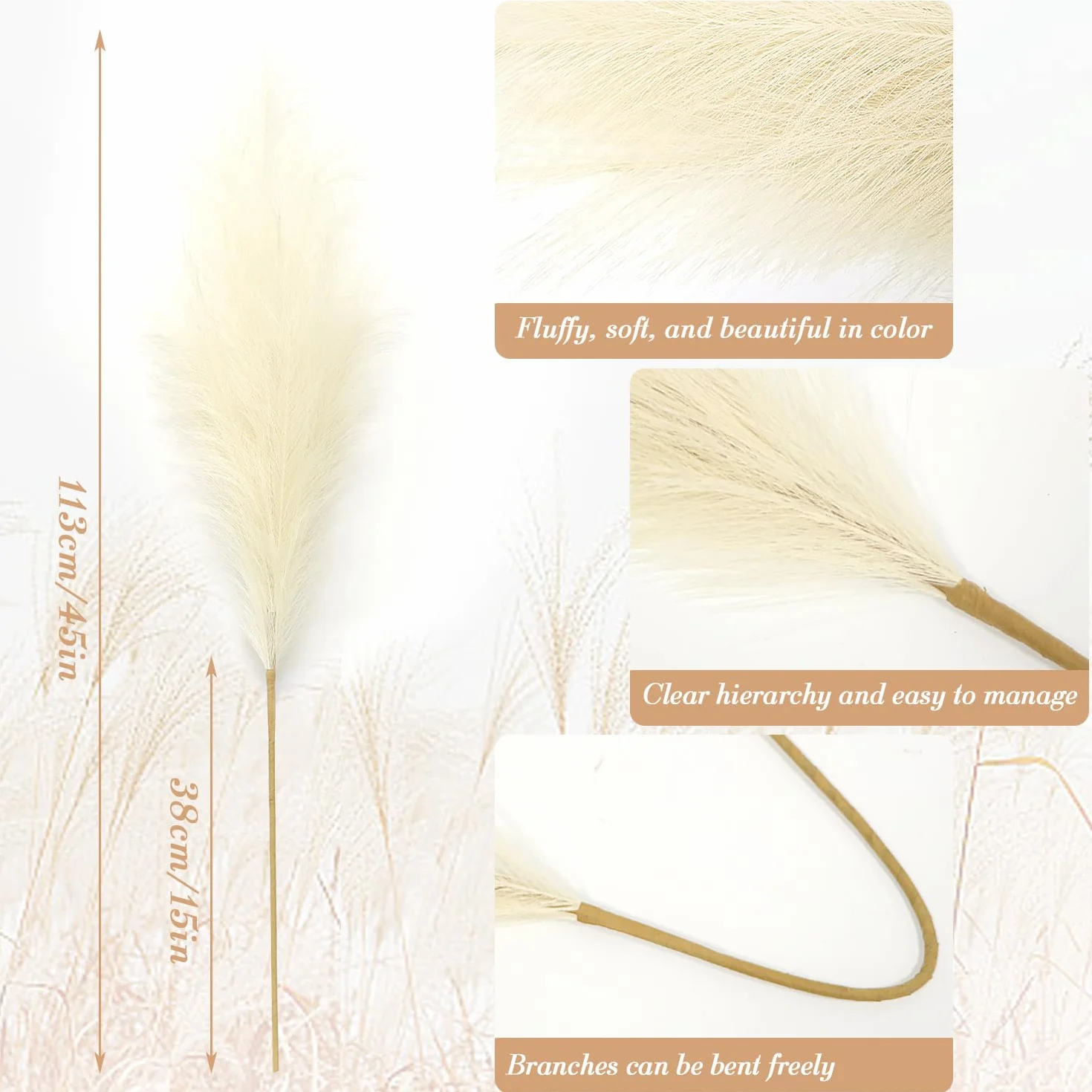 6 Pcs Pampas Secas Decoracion Grandes 113 Cm Blanquecino Hierba De Pampa Simulada Hierba Artificial De Pampa para Sala De Estar, Hogar, Piso, Jarrón, Decoración Boho（Beige）