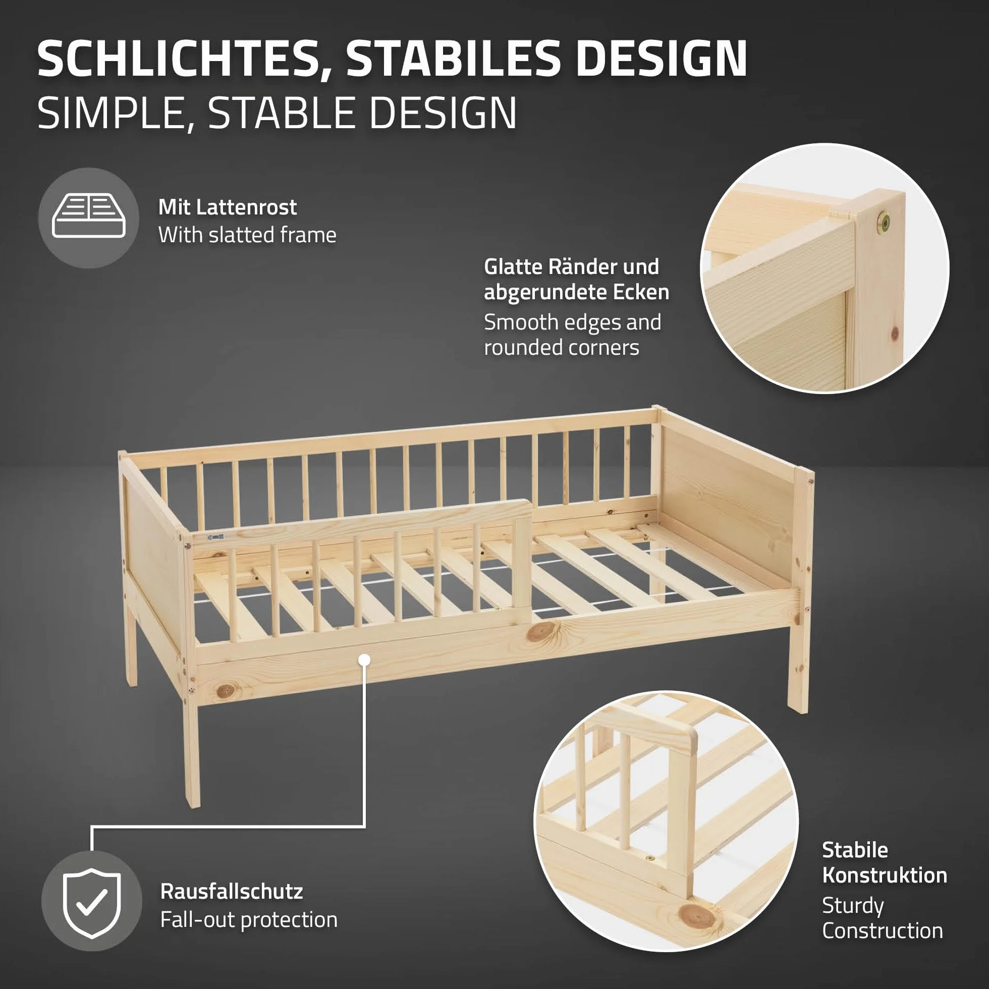 ML-Design Cama Infantil Natural con Colchón De Espuma Fría 70x140cm Madera de Pino Maciza con Somier de Láminas y Protección Anticaída Estructura Robusta Mueble de Dormitorio para Niños/Bebés