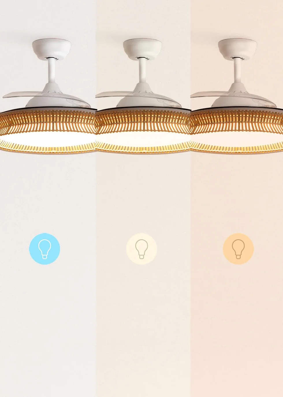 CREATE / WIND CLEAR/Ventilador de techo con luz blanco y mimbre nudo con mando / 40W, Ø108 cm, 6 velocidades, aspas retráctiles, 3 temperaturas de luz, función verano-invierno