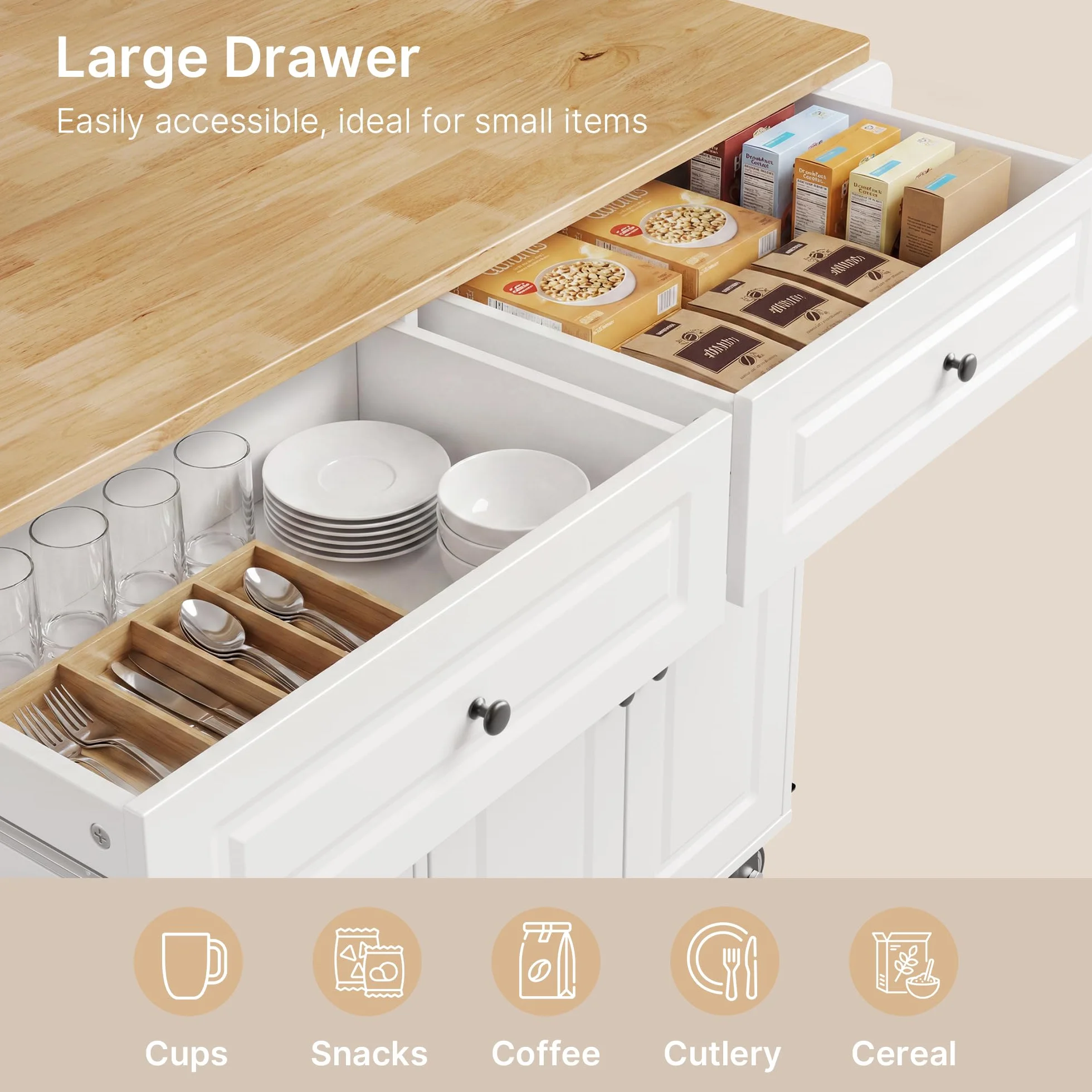 Xbro Isla de Cocina Móvil con Ruedas 145x75x90cm, Carrito Auxiliar Almacenaje, Mueble Moderno Blanco con Encimera y Estanterías para Cocina Comedor (Blanco)