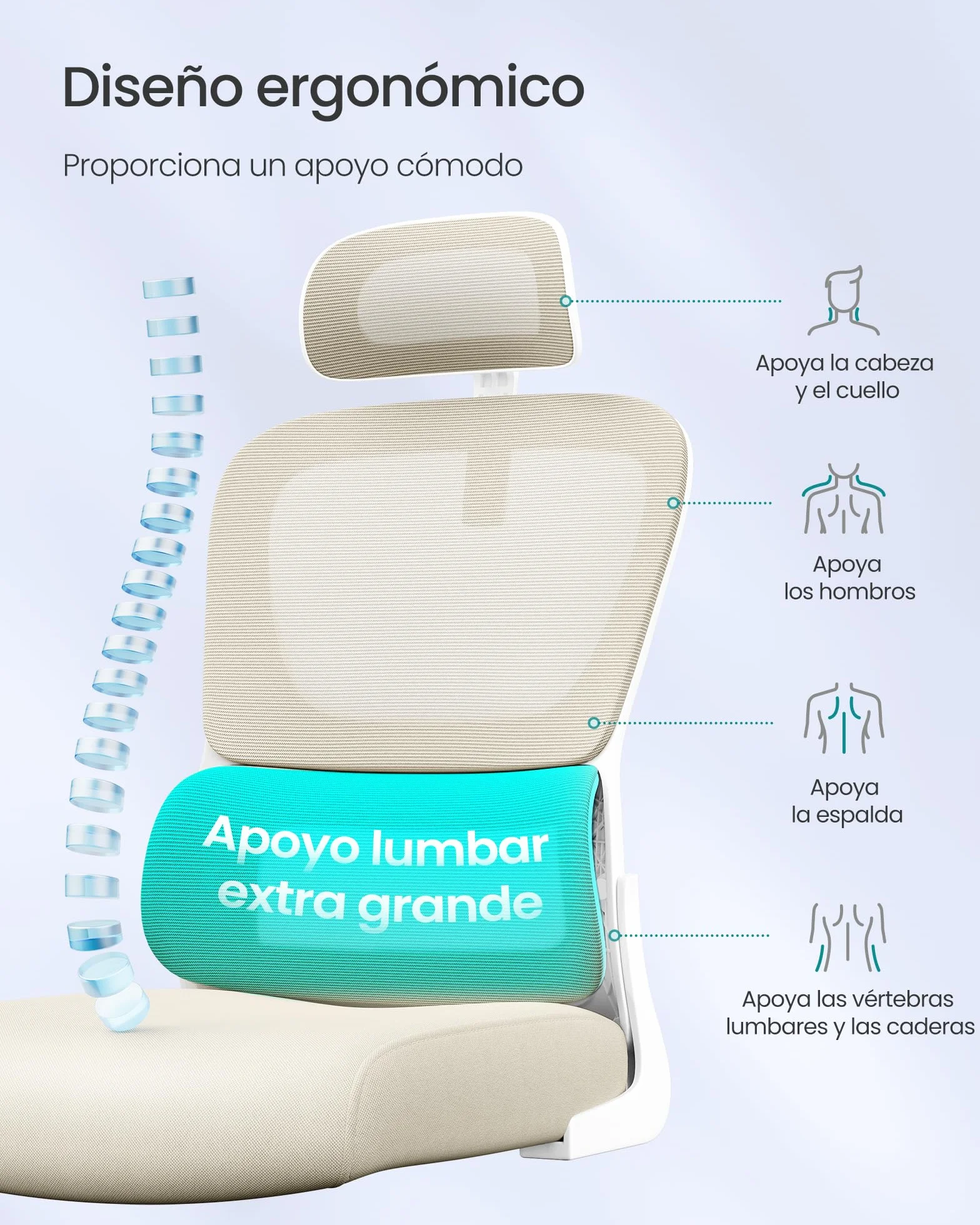 SONGMICS Silla de Oficina Ergonómica, Tela de Malla Transpirable, Soporte Lumbar, Reposacabezas Ajustable, Beige Arena OBN041L01