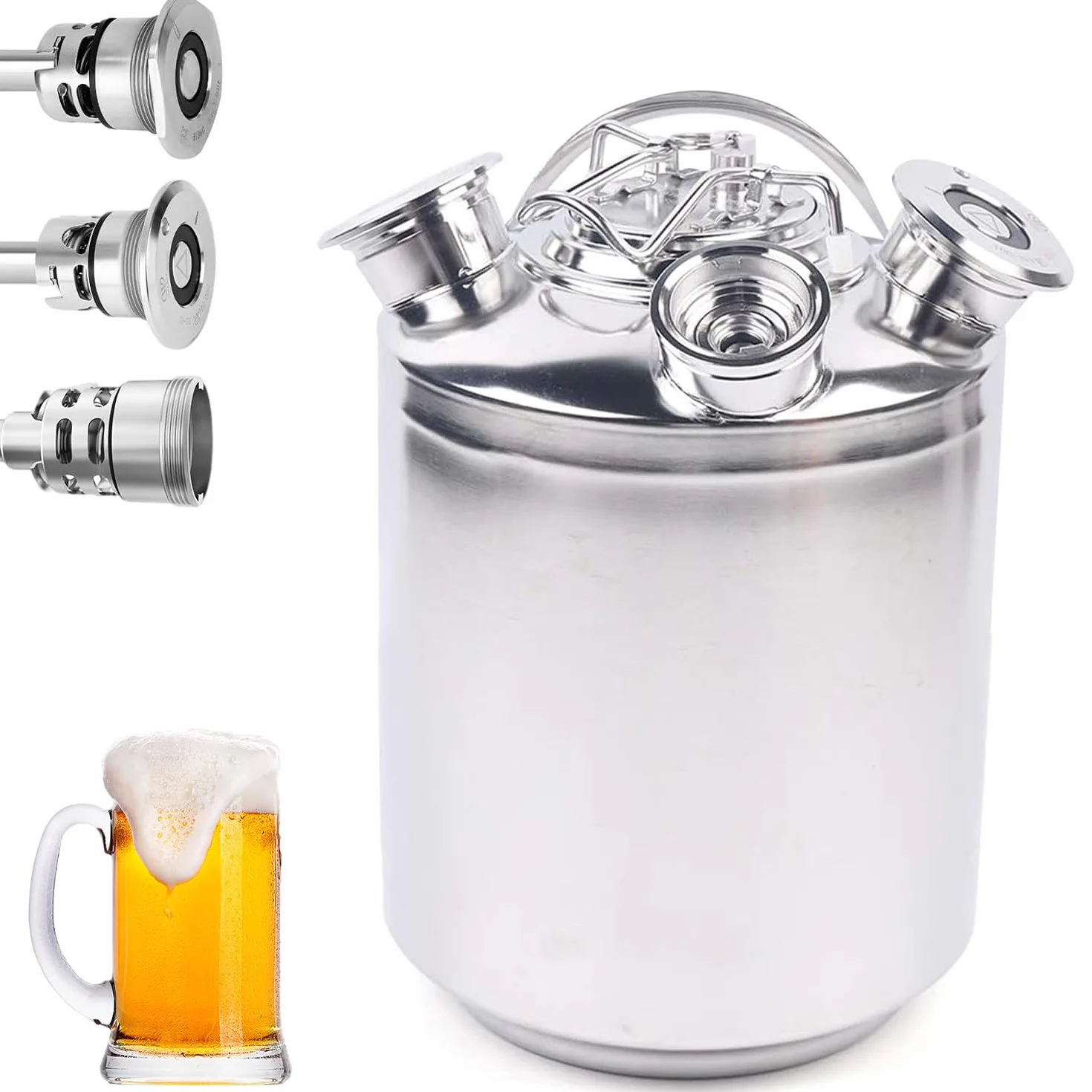 Barril de Limpieza de Cerveza de Acero Inoxidable, 10L 3 Cabezales Recipiente de Limpieza de Cerveza con Tapa, Apto para barriles de A y G y S, para Cerveza Casera, Bar de Hotel