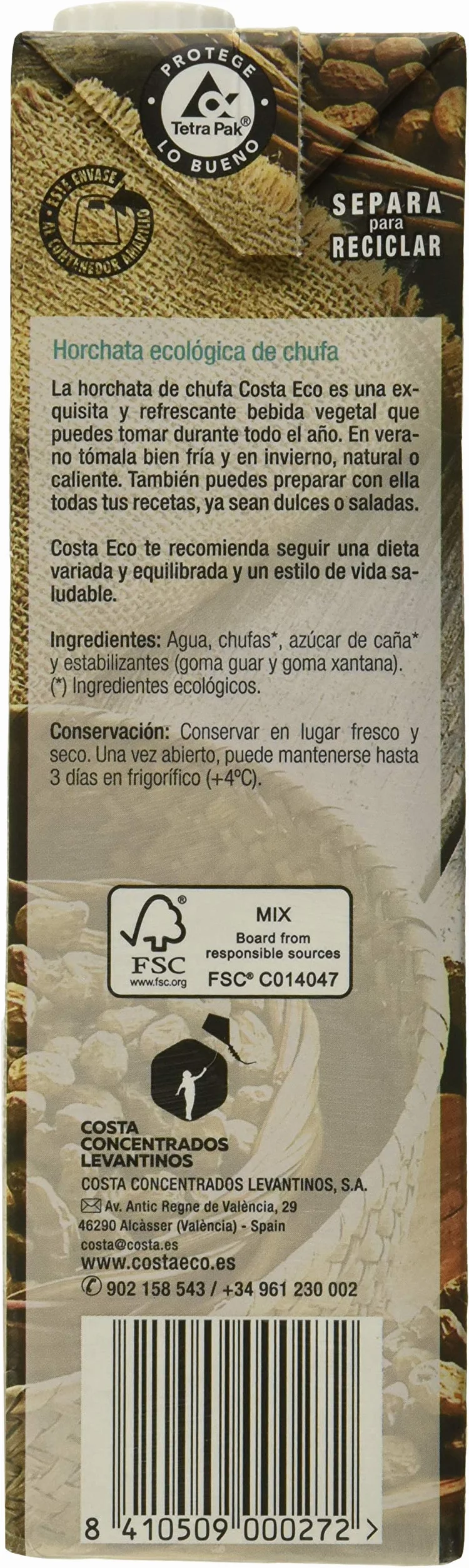 COSTA ECO Horchata de Chufa Ecológica 6 x 1000ml