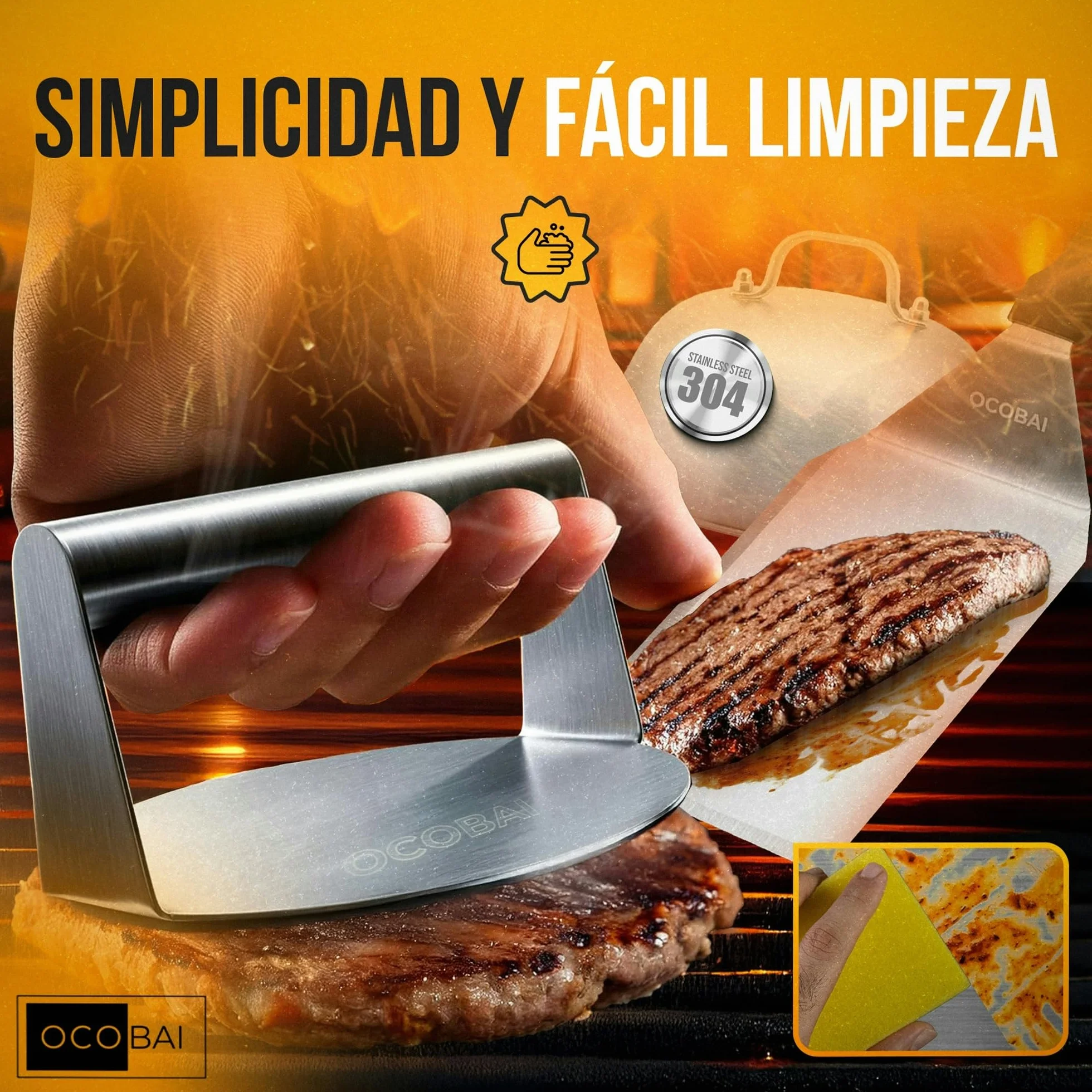 Kit Smash Burger Profesional 7 Piezas Aplastador de Acero 304 Molde Hamburguesas 3 en 1 Espátula Papeles
