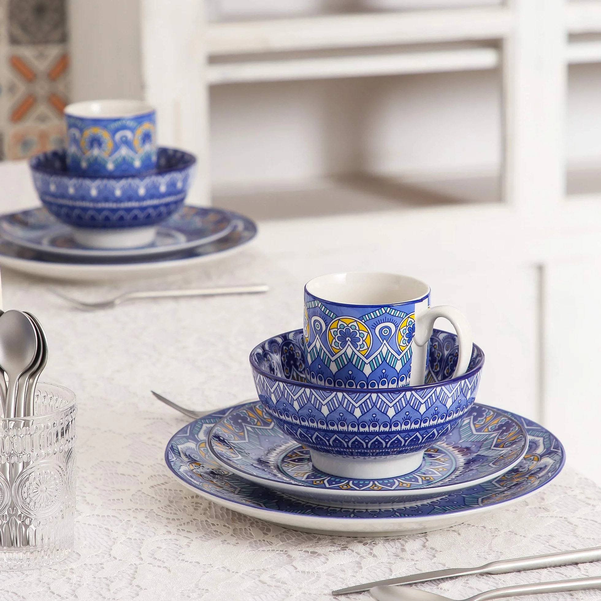 vancasso serie Mandala Vajillas de 48 piezas de Porcelana Multicolor Vajillas Completas Diseño Floral Mandala para 12 Personas (Azul)