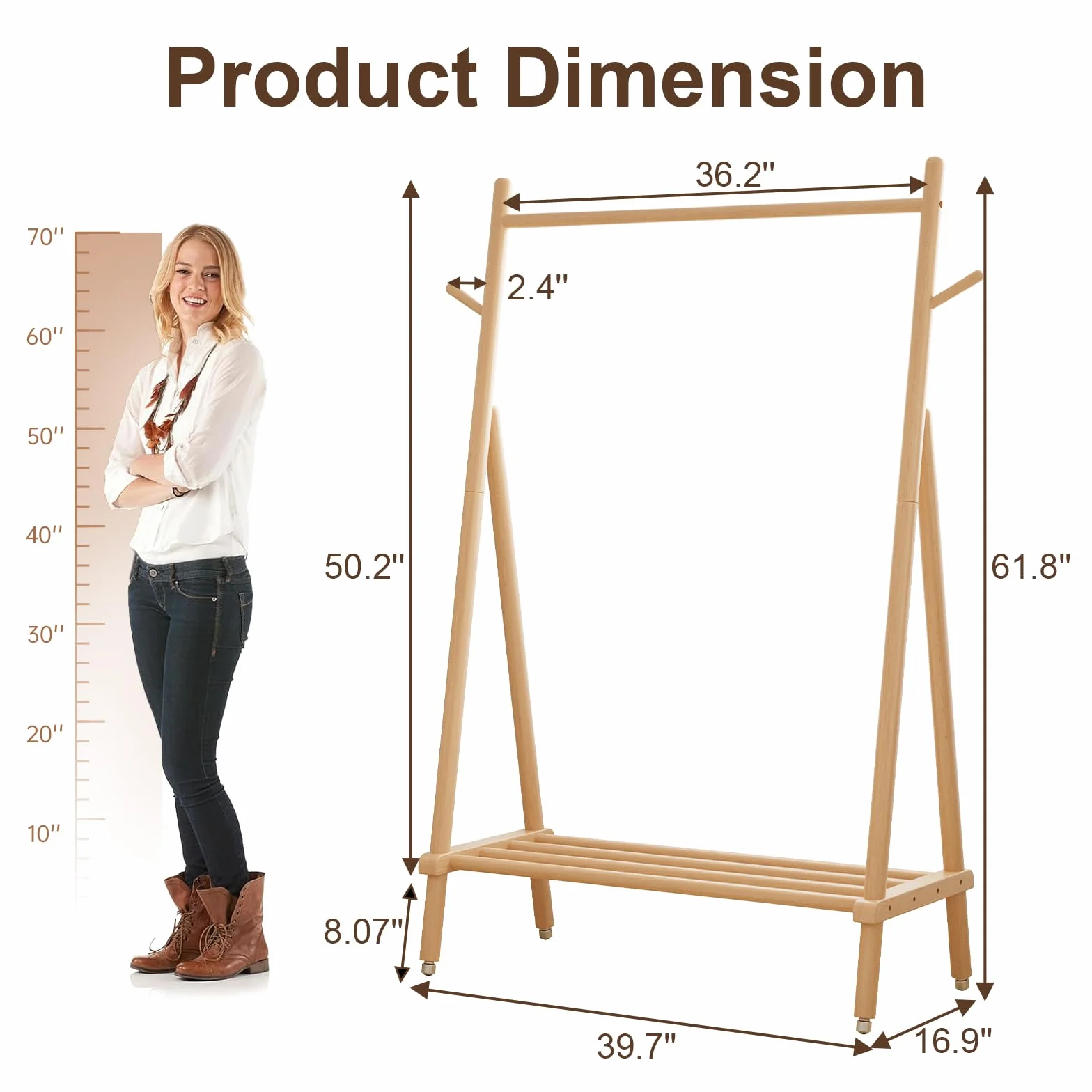 AQIMUELE - Perchero con ruedas, barra para carga pesada, perchero de madera, 43 x 100 x 157 cm, con soporte para zapatos, para dormitorio, salón (natural)