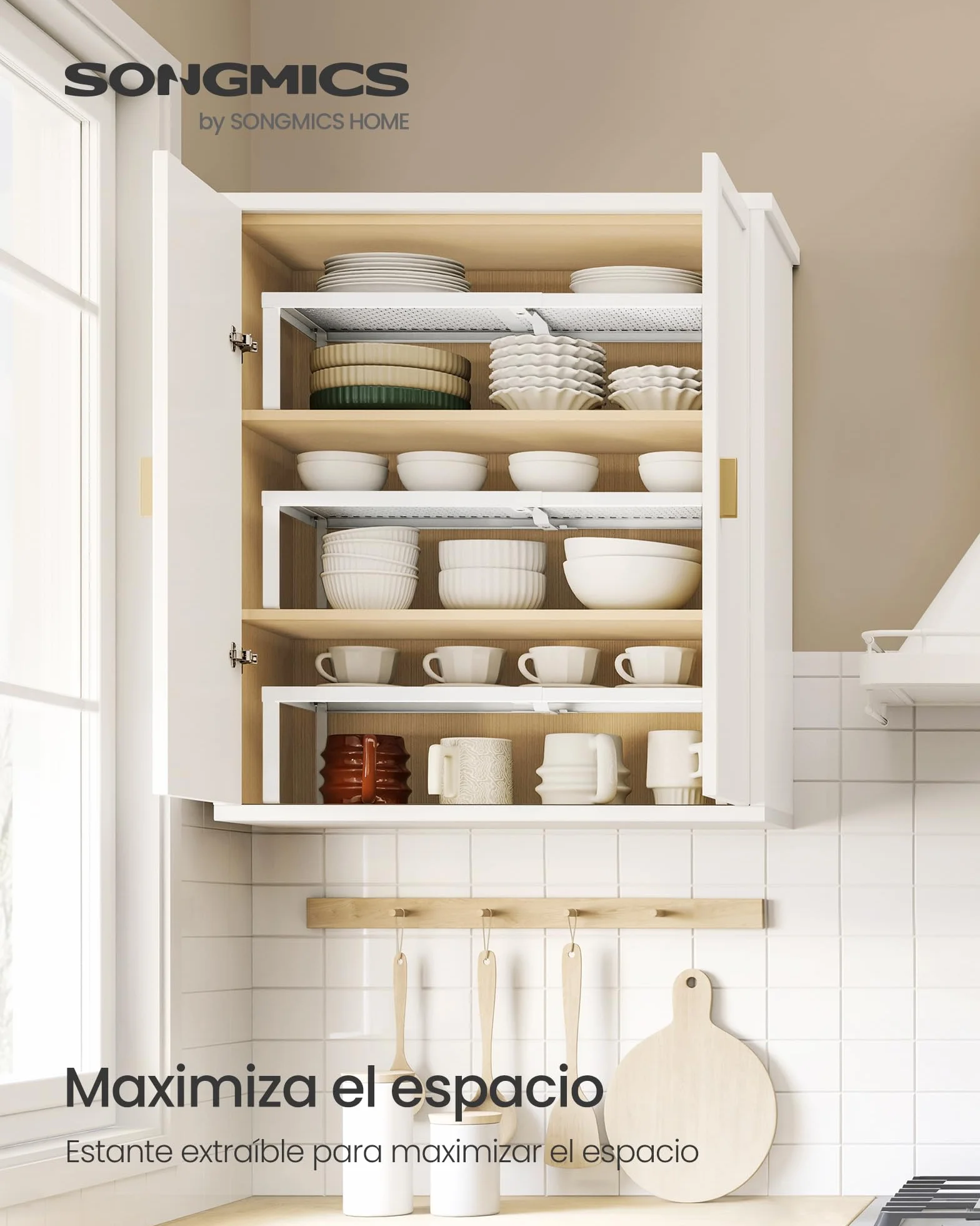SONGMICS Especiero, Extensible, Organizador de Cocina, Estante de Cocina, Organizador de Armario, Estante Pequeño, Metal, Encimera, Mesa, Zapatero, Blanco Mate KCS007W01
