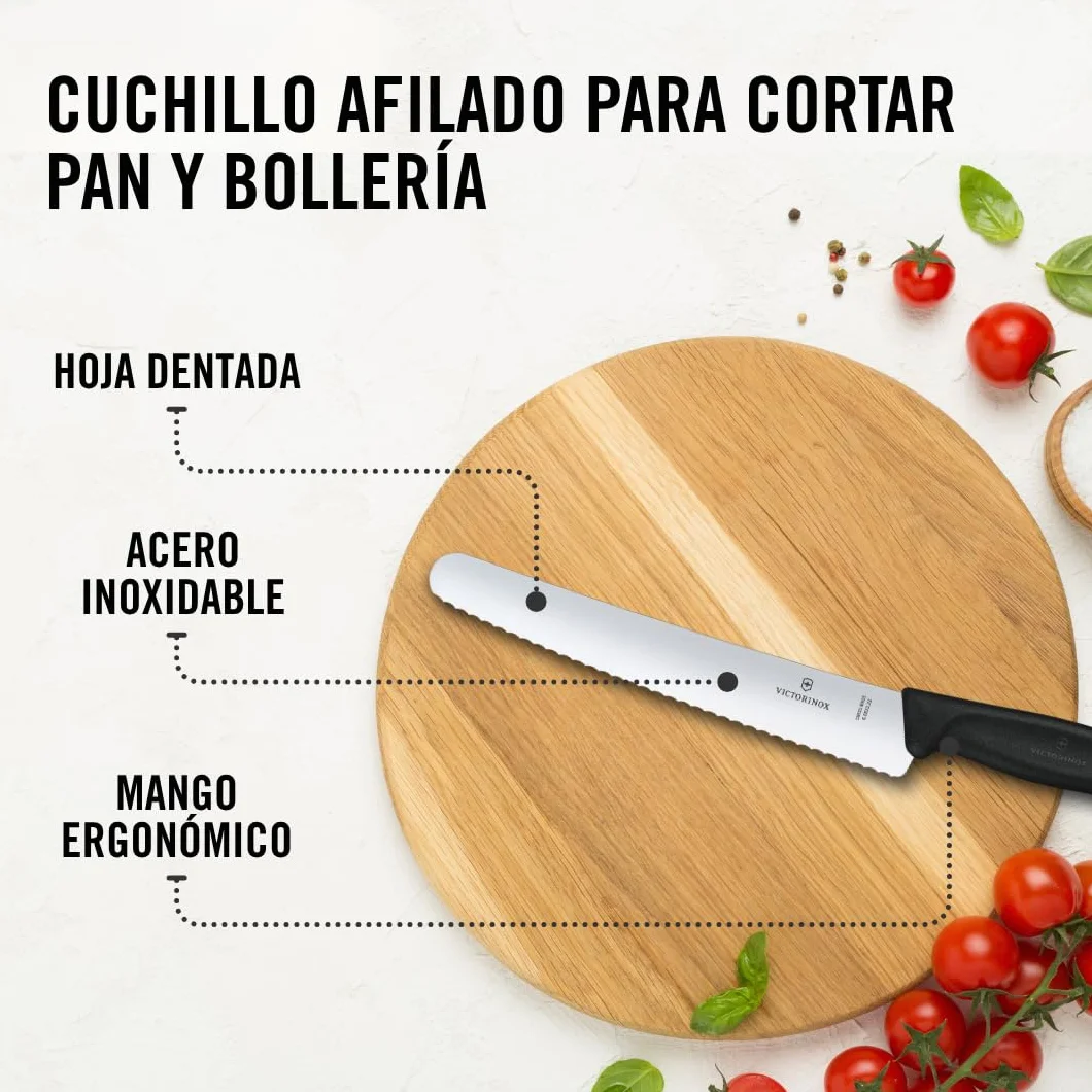 Victorinox Swiss Classic Cuchillo para pan con filo dentado, redondo, fabricado en acero inoxidable, apto para el lavavajillas y de color negro