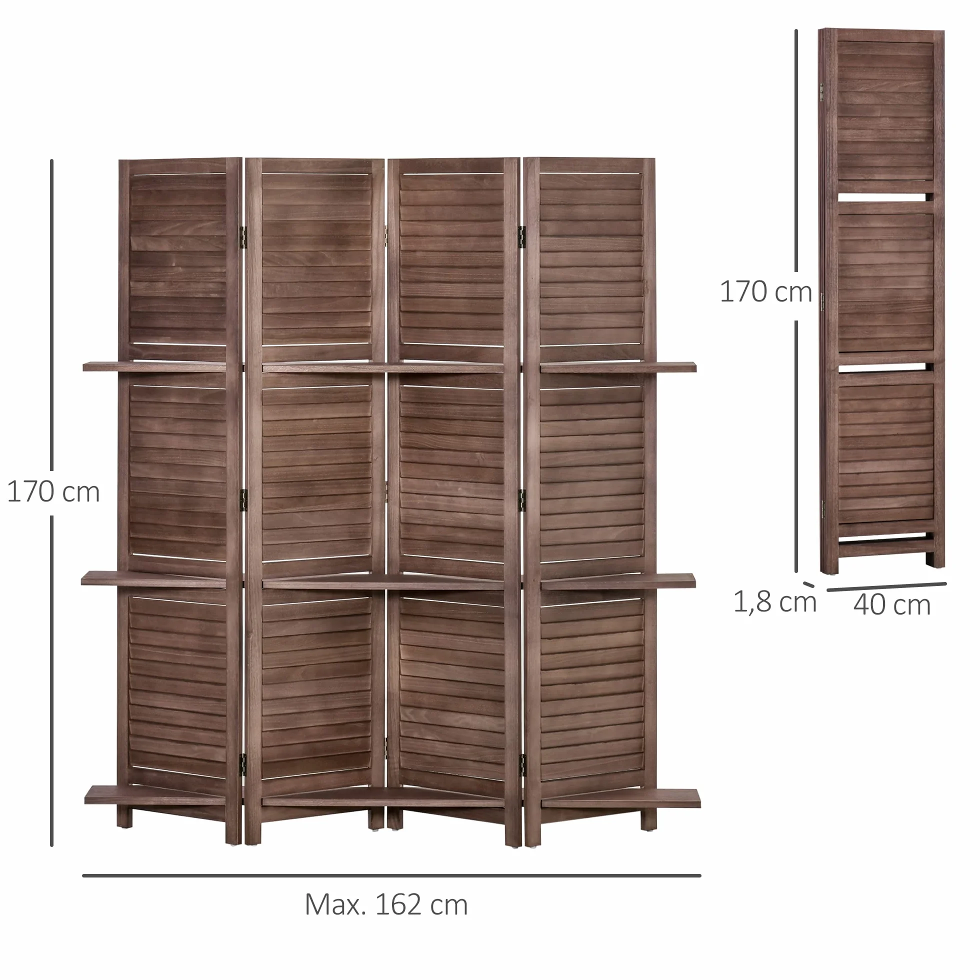 HOMCOM Biombo Plegable de 4 Paneles de Madera, 162x170 cm, Biombo Separador de Ambientes con 3 Estantes, Diseño de Persianas, Decoración para Dormitorio, Salón, Nogal