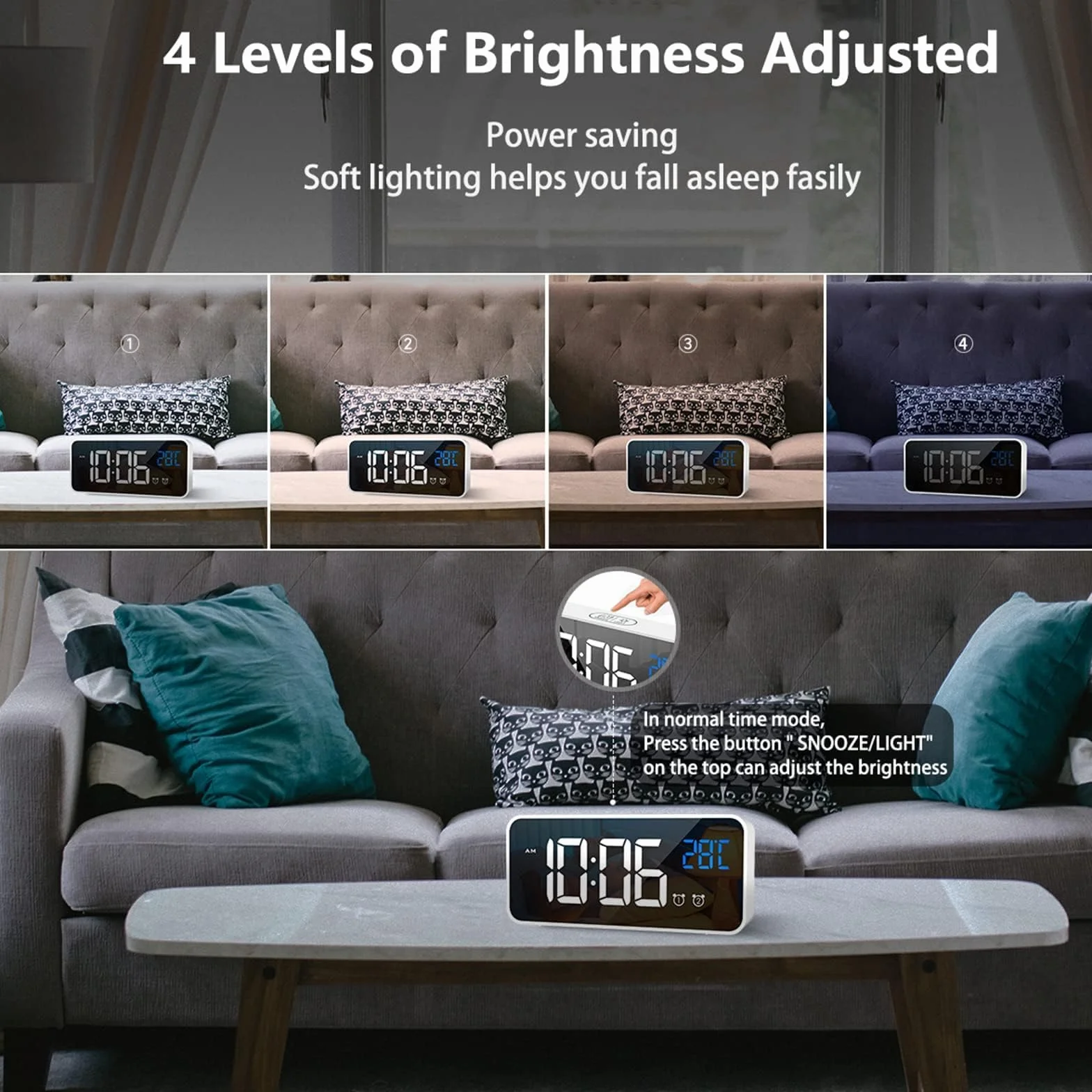 LATEC Reloj Despertador Digital LED con Espejo, Doble Alarma, Temperatura, USB, 10 Melodías, Brillo Ajustable, 12/24H Blanco