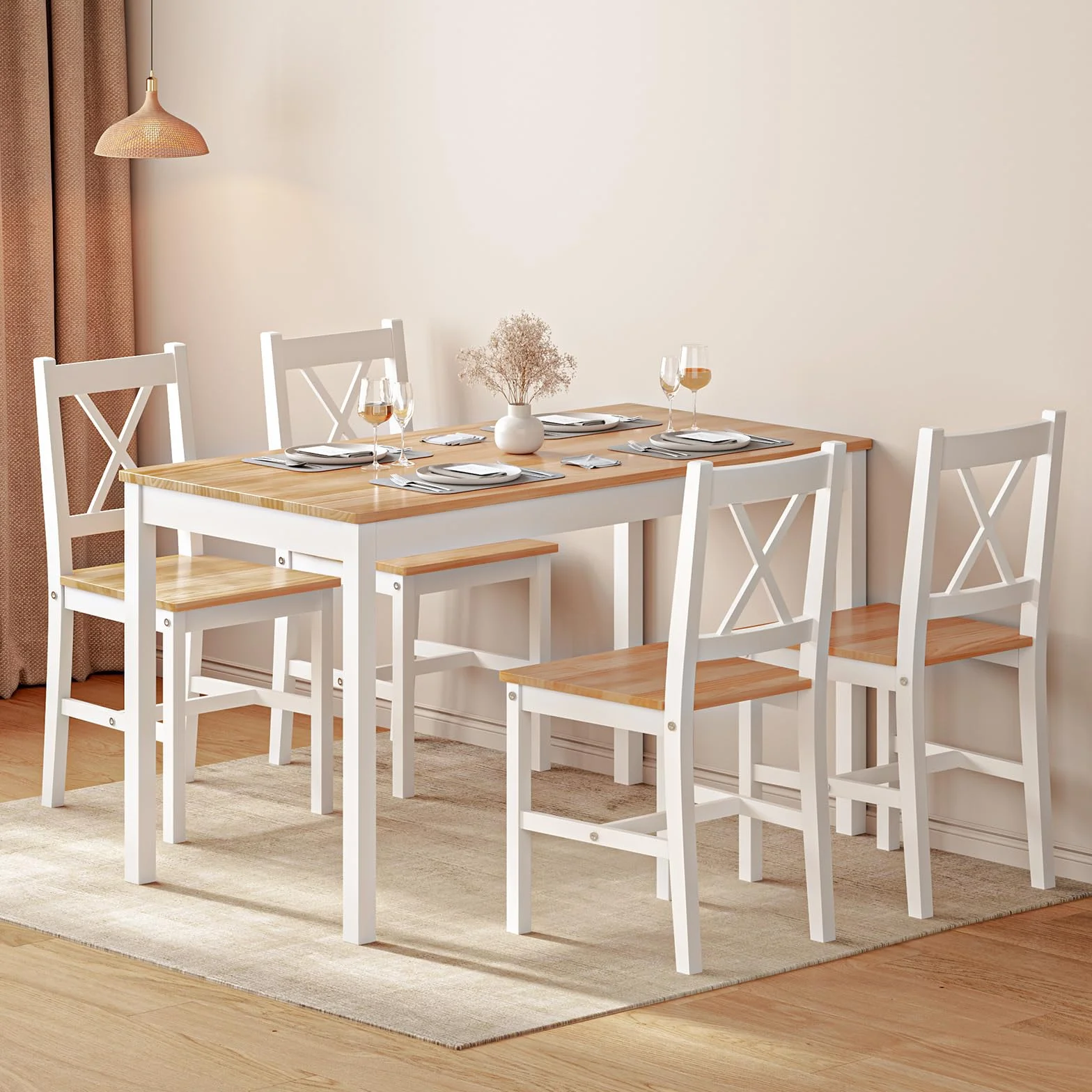 sogesfurniture Juego de comedor de 5 piezas, con mesa de comedor, 108 x 65 x 73 cm, y 4 sillas, rectangular, para salón, comedor, color blanco y teca (10QDLC)