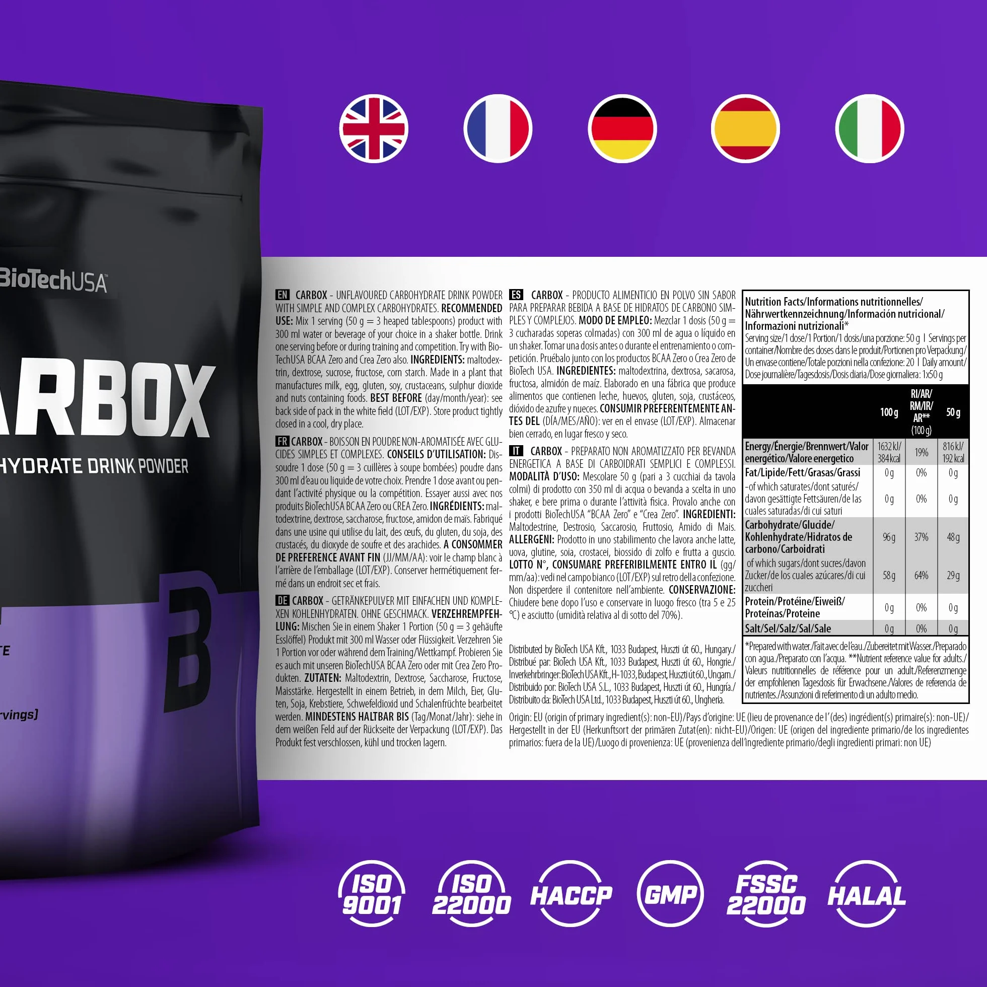 BioTechUSA Carbox Bebida en polvo 5 carbohidratos 1 kg Neutro