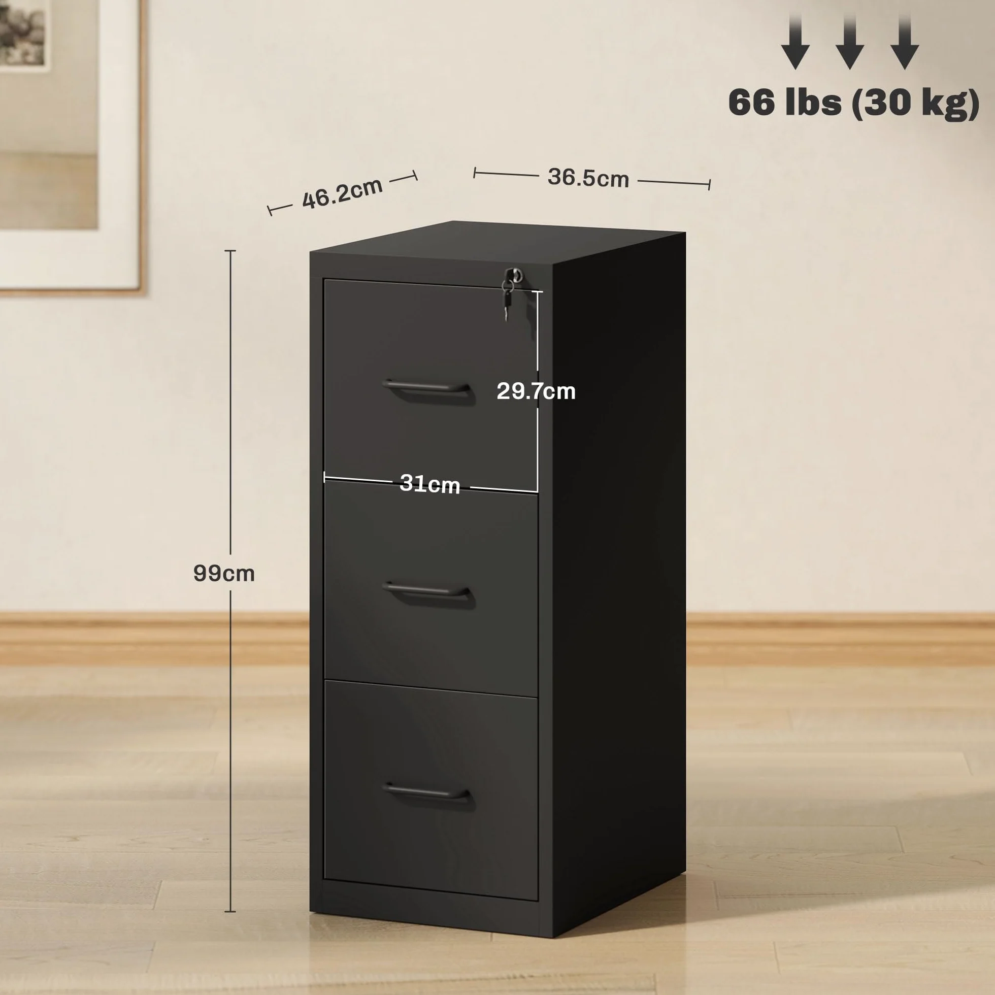 HOMCOM Archivador de 3 Cajones con Barra Ajustable de Acero para Oficina, Ideal para el Hogar y el Estudio, 36,5x46,2x99 cm, Negro
