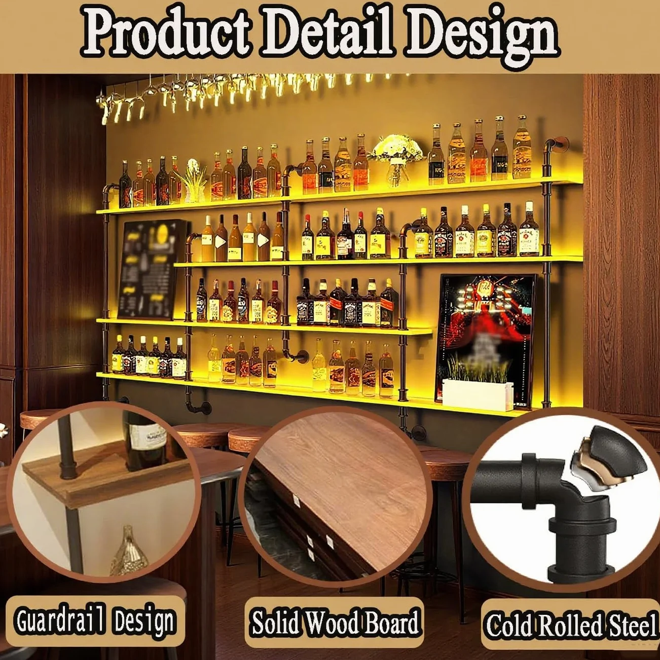 Estante de Vino montado en la Pared con luz, 4 Modernos estantes de Madera para Botellas de Licor, estantes flotantes, Organizador para Bar y Comedor (150×20×150CM Nuez)