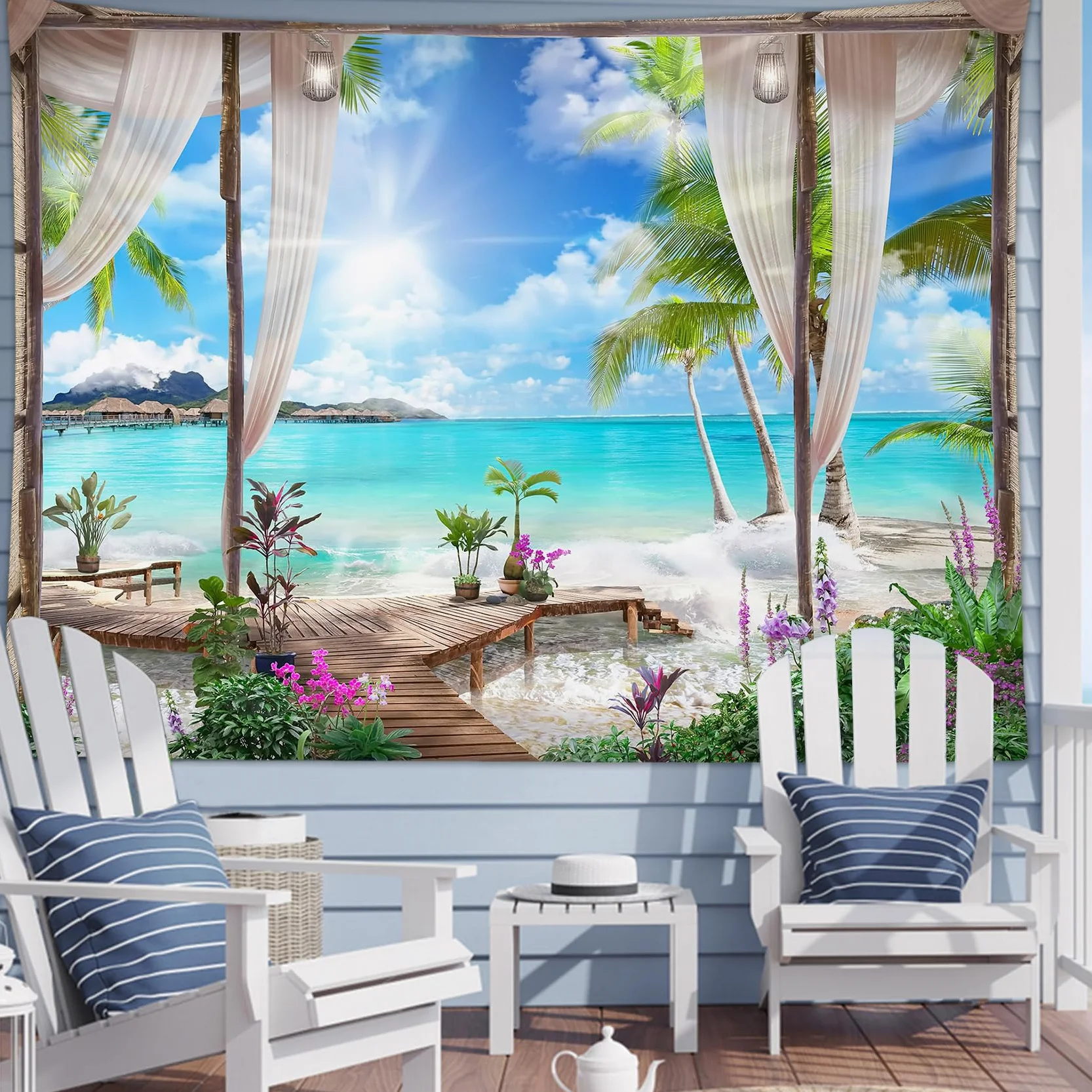 Tapiz de Pared Océano turquesa 200x150cm Colgar Pared Playa Tela Paisaje Isla Tropical Decoración Sala Dormitorio