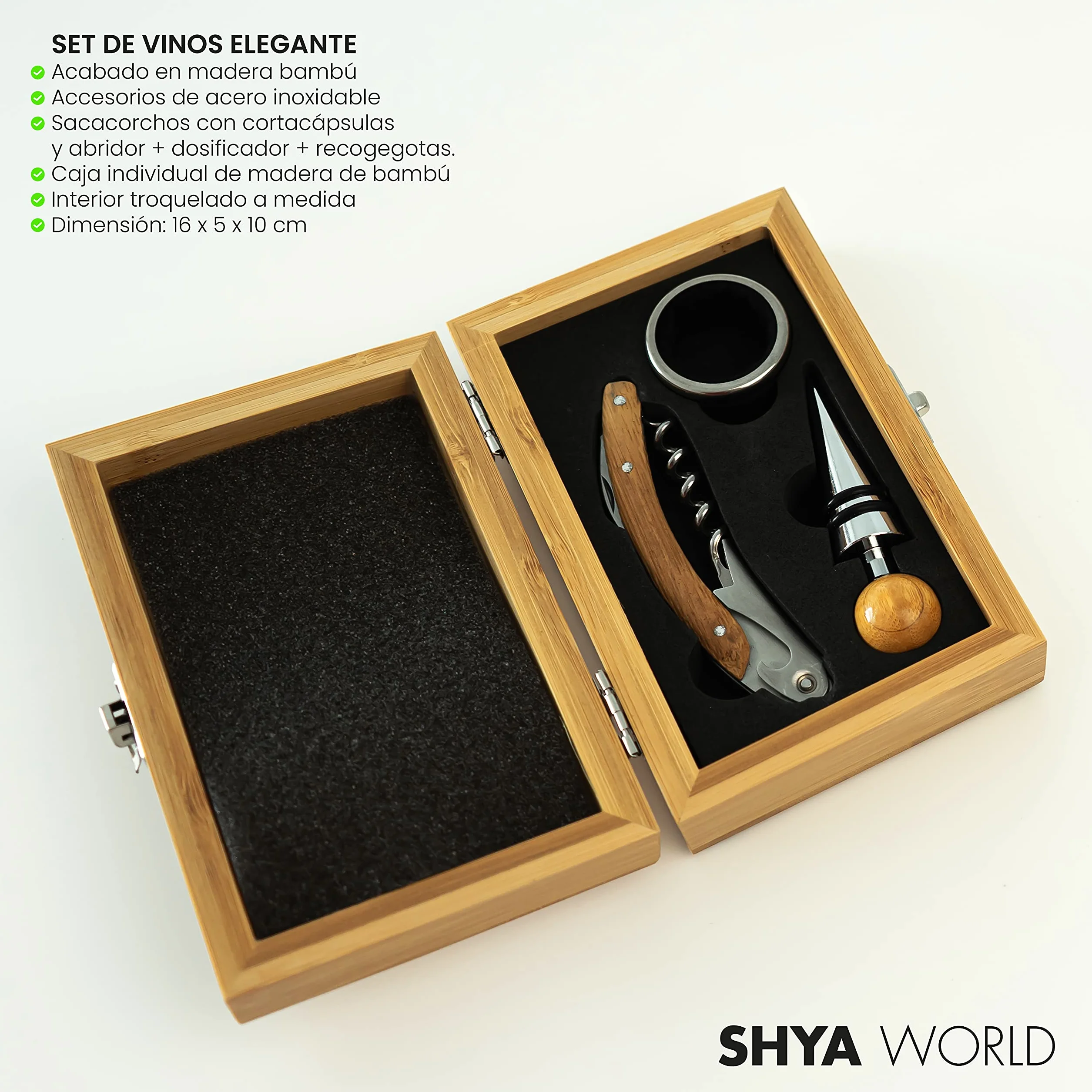 Set de Vinos Accesorios para regalar. Estuche de Regalo elegante con acabado de Material Natural Eco. (Set Madera Bambú)