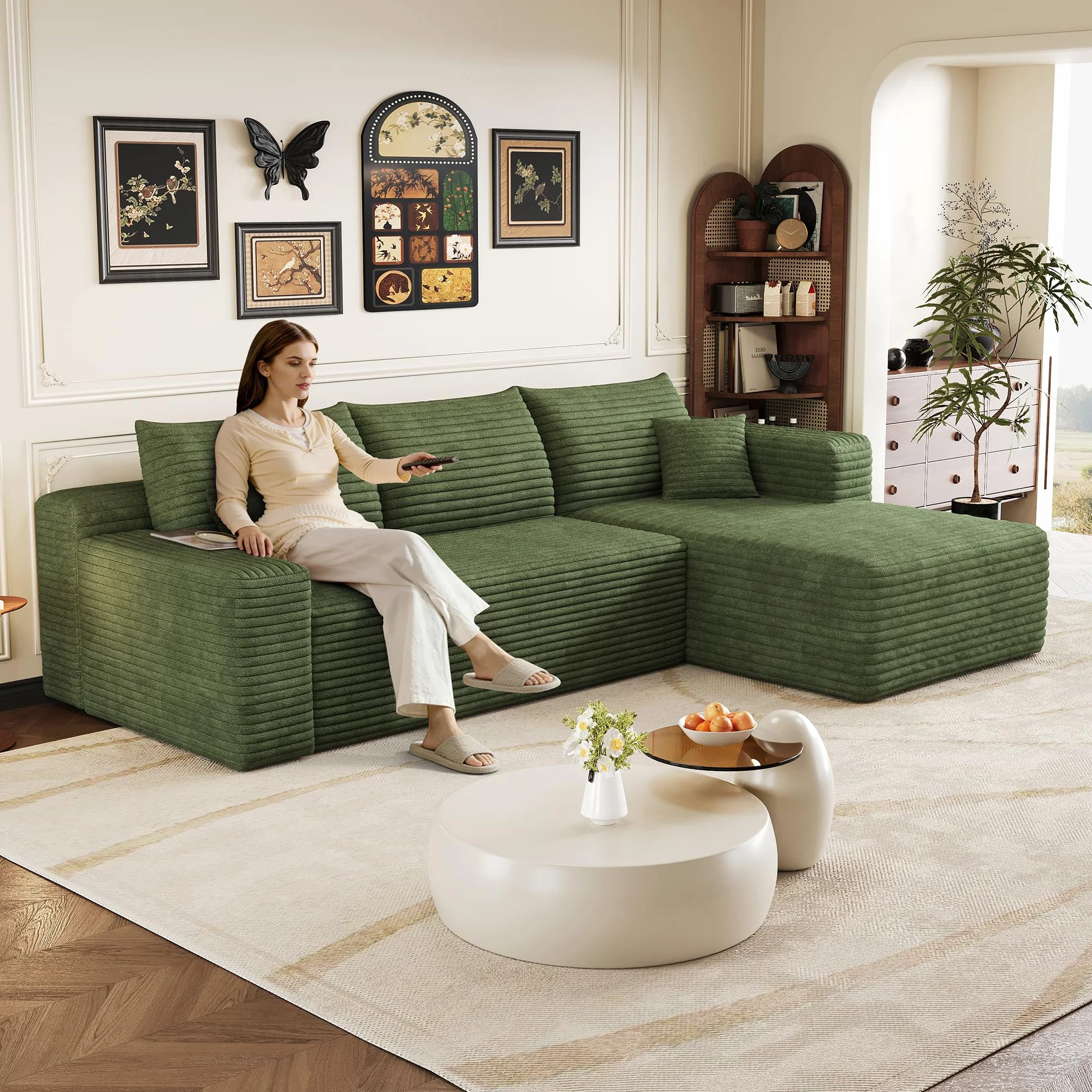 Sapgaks - Sofá esquinero de 241 cm, sofá de 3 plazas de pana con asiento profundo y ángulo integrado, sofá convertible modular, chaise longue orientada a la derecha, verde