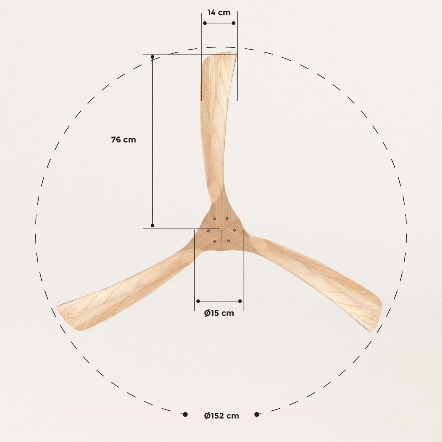 CREATE / WINDLARGE/Ventilador de techo blanco aspas madera natural con mando / 40W, XL, silencioso, 6 velocidades, Ø152 cm, temporizador, 2 alturas, función verano-invierno
