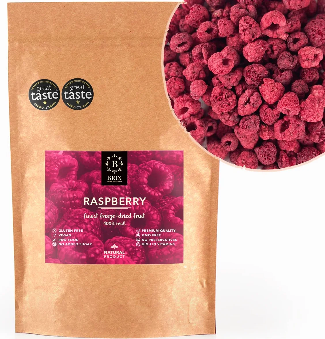 BRIX Frambuesa Liofilizada Enteras 85g | Frambuesa Deshidratada 100% Natural | Sin OGM, Gluten, Vegano