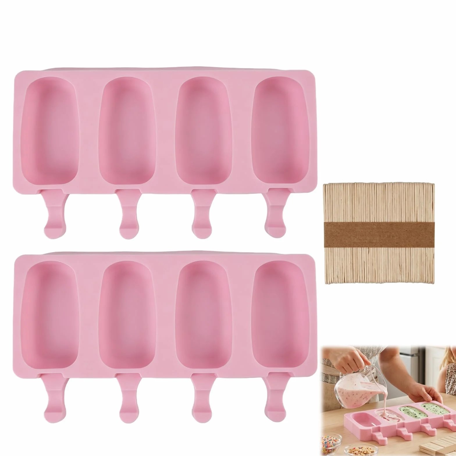 Moldes de Helado de Silicona 26 x 11 cm con 100 Palos de Madera Reutilizables para Paletas