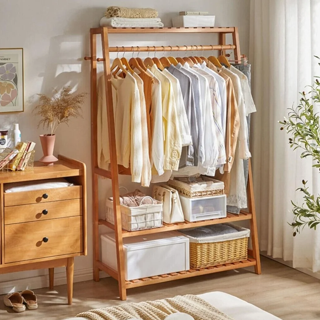 unho Perchero Burro de Bambú Armario Abierto Madera 80x44x165cm 3 Estantes 10 Ganchos