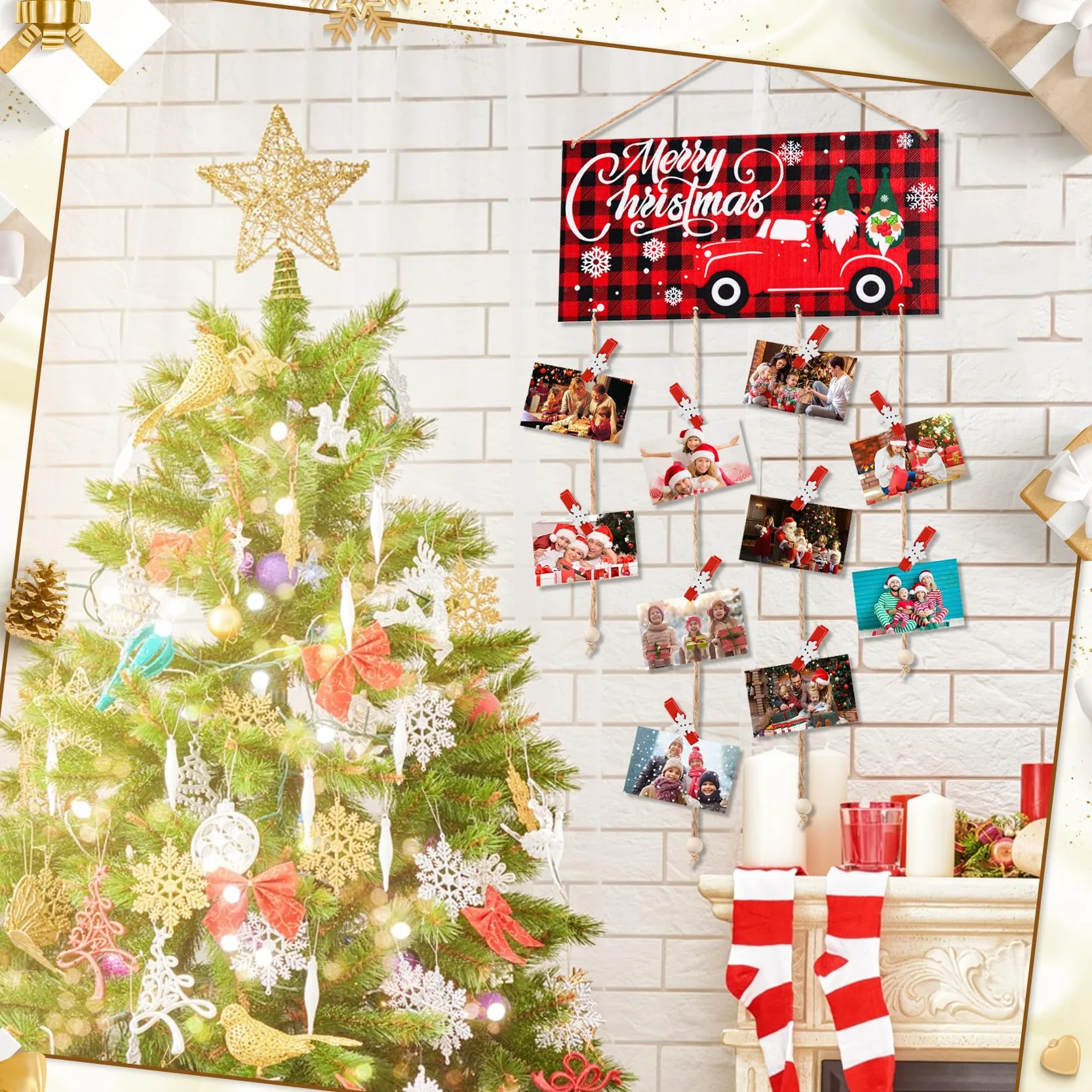 Tarjetero de Navidad de madera para colgar en la pared con 30 clips de fotos de madera de copo de nieve para pared, exhibición de tarjetas de felicitación de Navidad para decoración de pared de fiesta
