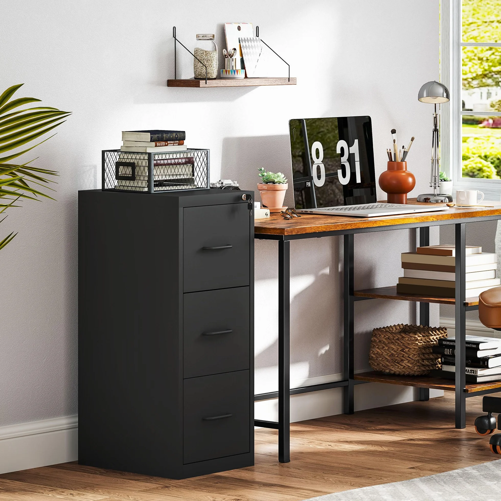 HOMCOM Archivador de 3 Cajones con Barra Ajustable de Acero para Oficina, Ideal para el Hogar y el Estudio, 36,5x46,2x99 cm, Negro