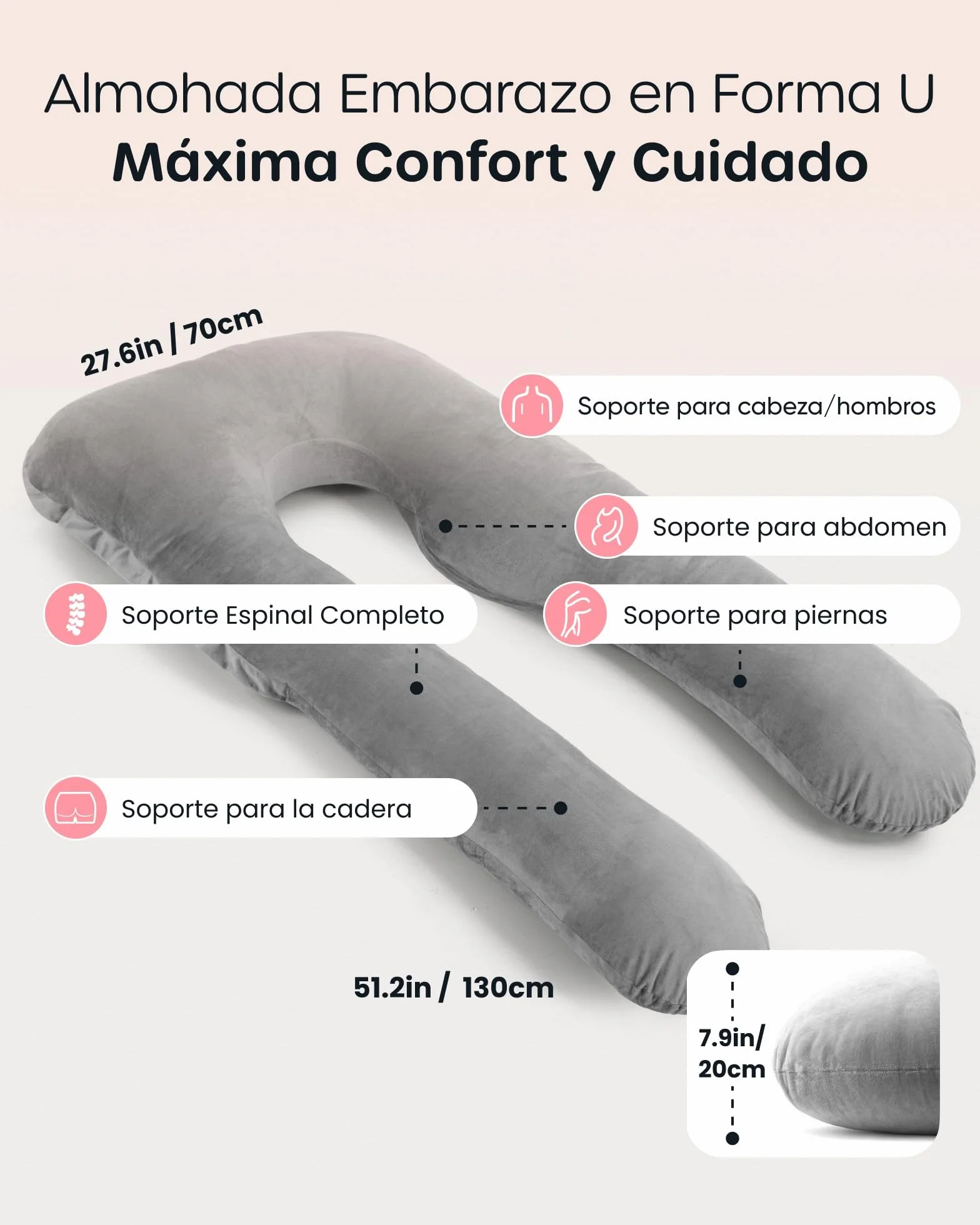 Almohada Embarazada Dormir en Forma de U, Cojin Embarazo Soporte Espalda Caderas Piernas Funda Terciopelo Lavable Gris