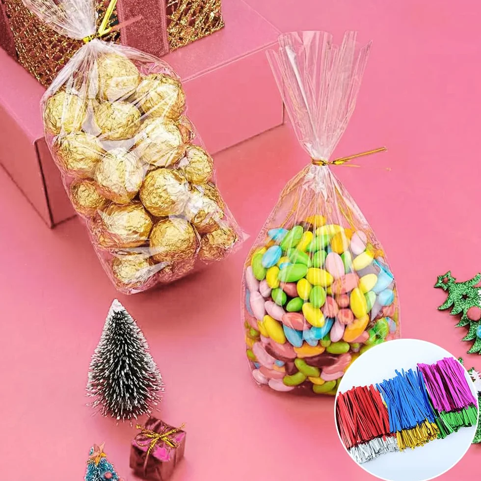 100 Piezas Bolsas de Celofán -15 x 25 cm Bolsas de Regalo Transparentes Bolsas de Caramelo con 100 Cintas Metálicas para Caramelos Galletas Pan Chocolates