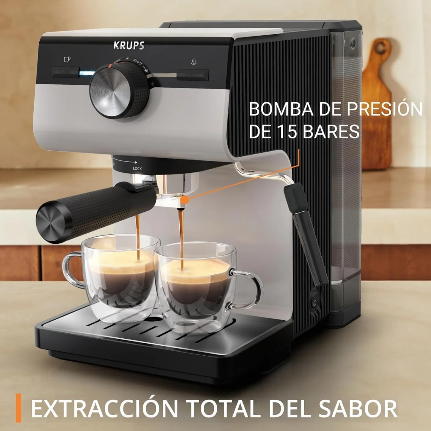 Krups Authentic, Cafetera Espresso Manual, 15 bares de presión, Espumador de leche, Ajuste Manual, Cuchara Medidora y Compactadora, depósito de 2 L de capacidad, Inox, XP381B