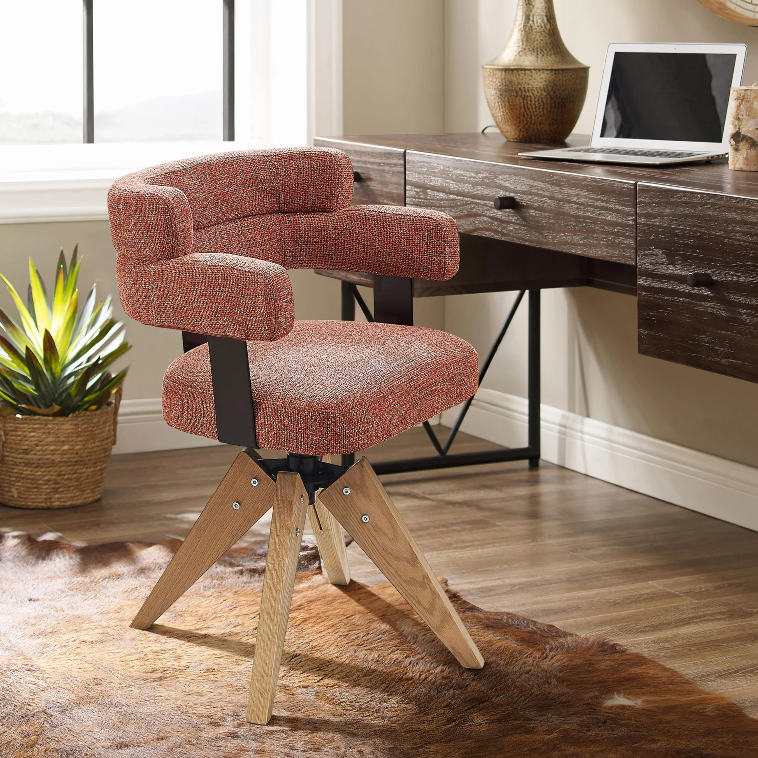 Zouron Sillas de Comedor Giratorias Tapizadas en Algodón y Lino con Reposabrazos y Respaldo, Patas de Madera, Rojo
