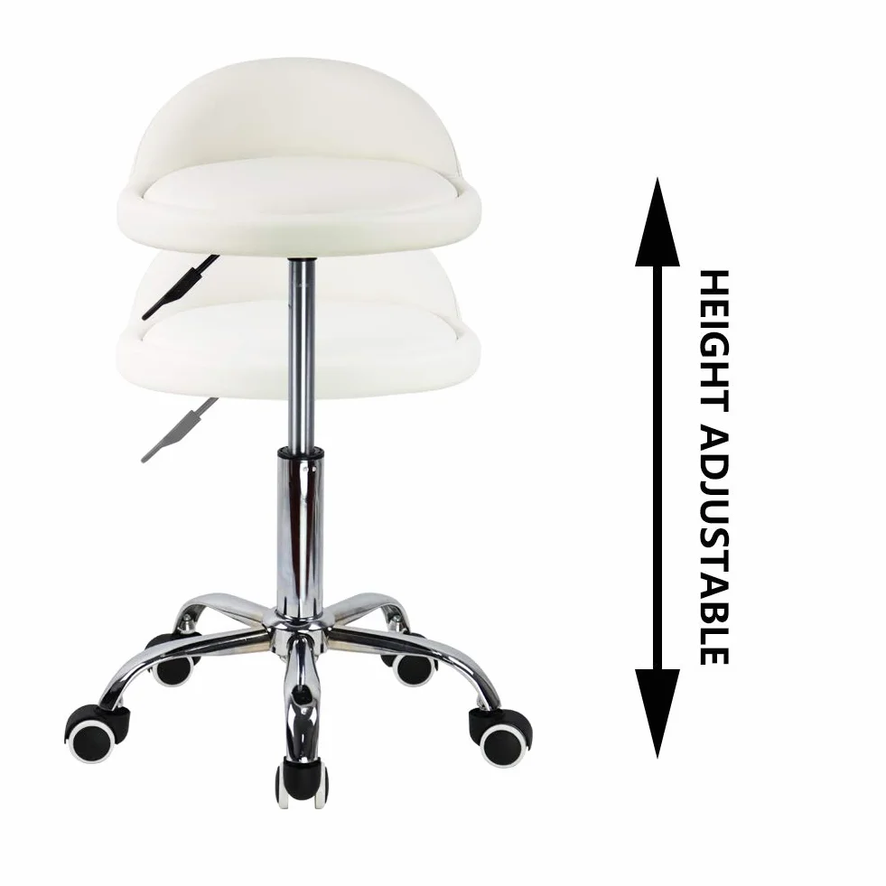 Taburete con Ruedas de Piel Sintética con Respaldo Ajustable en Altura y Giratorio, Silla de Trabajo (Blanco)