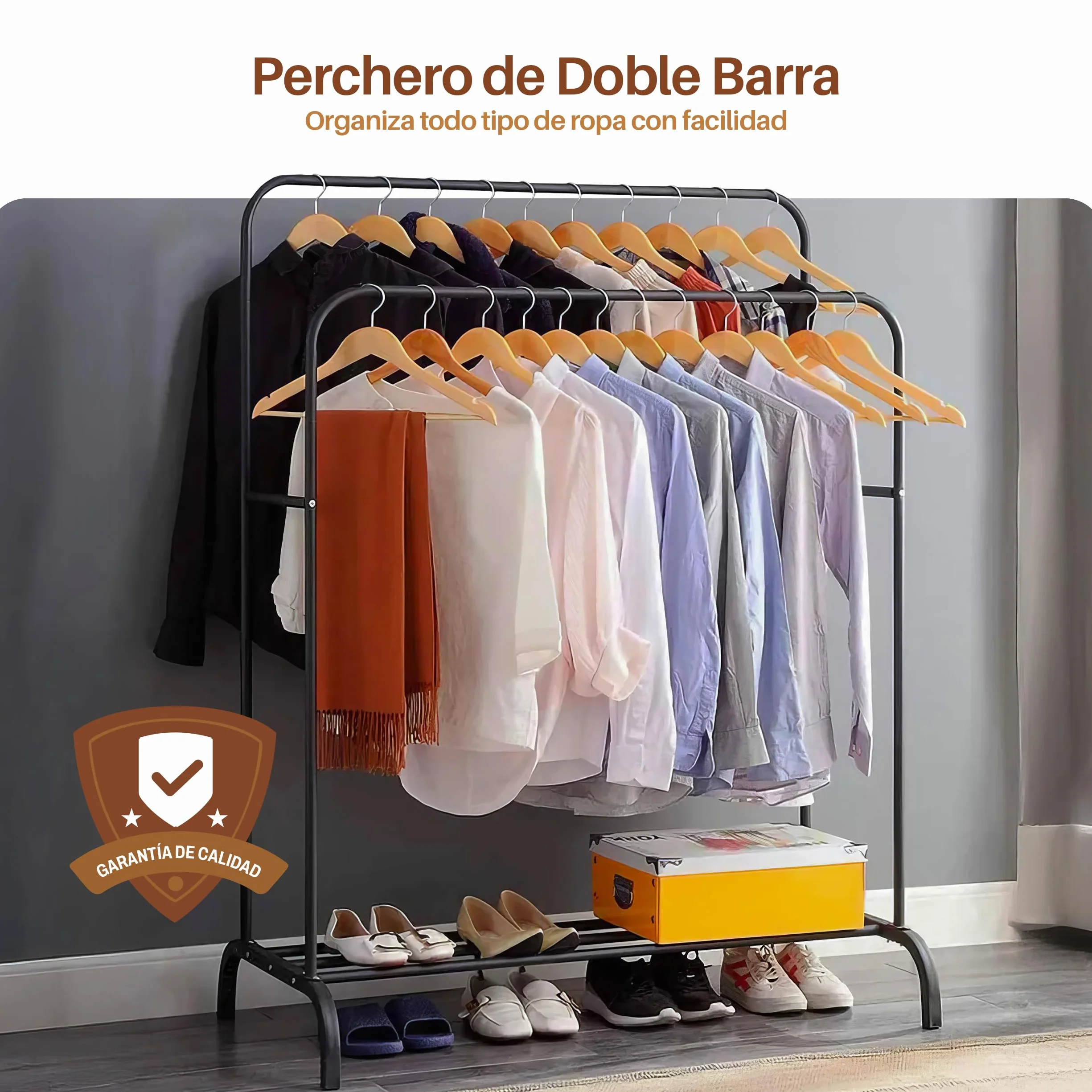 PORTENTUM Perchero de pie acero resistente 35 kg Organizador doble barra zapatero antideslizante