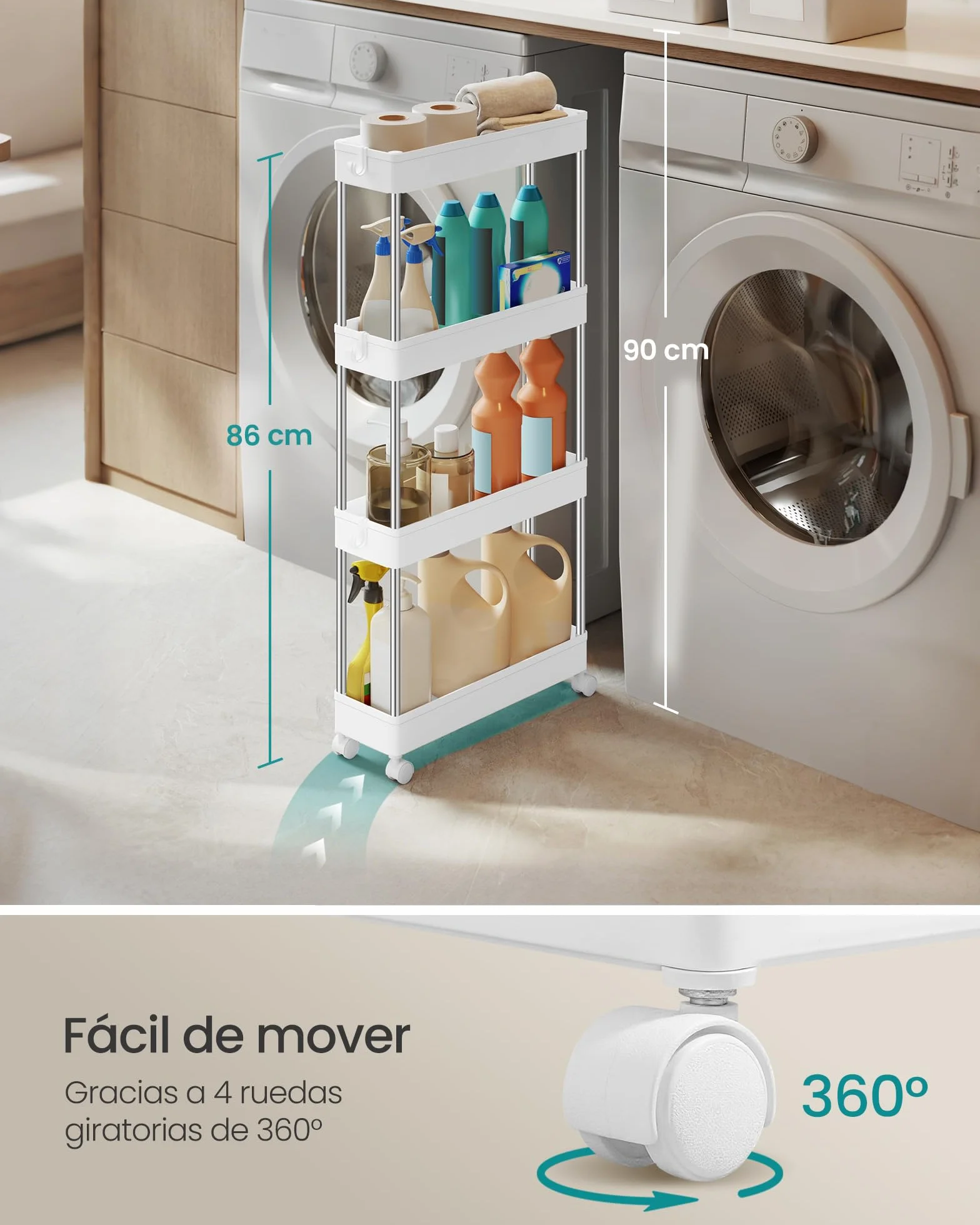 SONGMICS Carro de Almacenamiento de 4 Niveles, Carrito con Ruedas, Carro de Cocina, Ahorro de Espacio, para Baño, Oficina, 14,4 x 42 x 86 cm, Blanco Nube KSC08WT