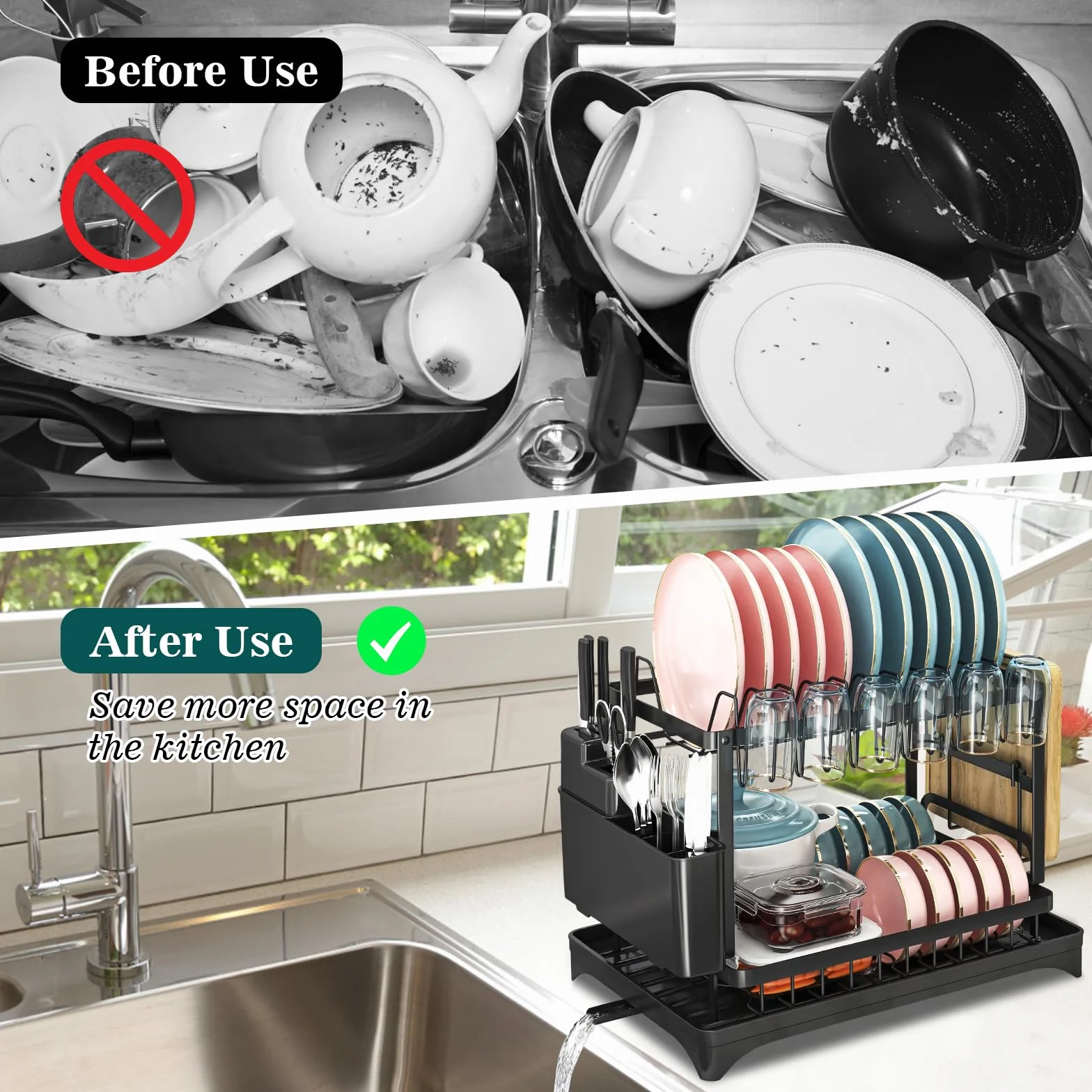 Escurridor de Platos, Soportes para Platos de 2 Niveles, con Drenaje Automático, Soporte para Utensilios, Estante de Dish Escurreplatos Cocina, 42×29×29cm, Negro