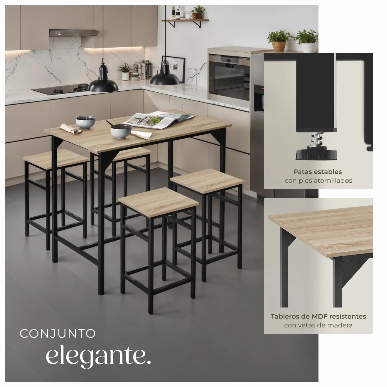 tectake® Mesa Alta de Bar con 4 Taburetes, Mueble de Cocina Estilo Industrial, Diseño Comedor y Mesa Cocina, Muebles de Salon, Taburete - 100 x 124 x 88,5 cm Madera Industrial Clara, Roble Sonoma