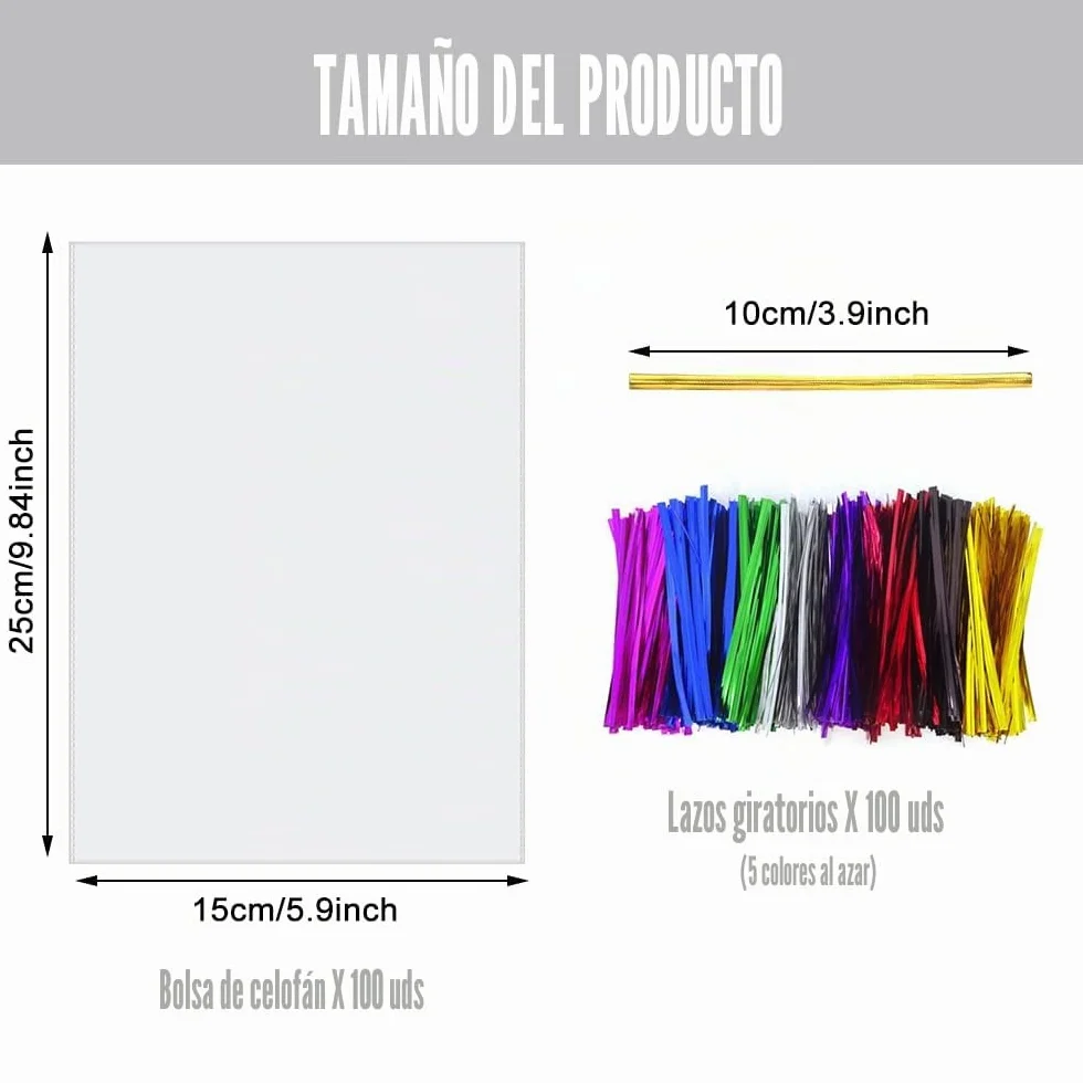 100 Piezas Bolsas de Celofán -15 x 25 cm Bolsas de Regalo Transparentes Bolsas de Caramelo con 100 Cintas Metálicas para Caramelos Galletas Pan Chocolates