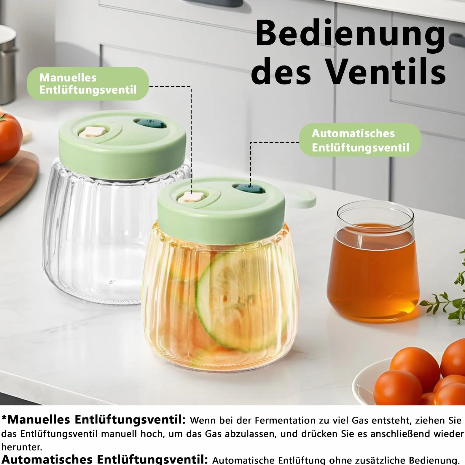2 Tarros de Fermentación de Vidrio 1L con Doble Válvula, Fermentador Multiusos, con Pinzas y Machacador de Fermentación, Tarros de Conserva , Frascos Herméticos, para Kimchi, Chucrut, Mermeladas