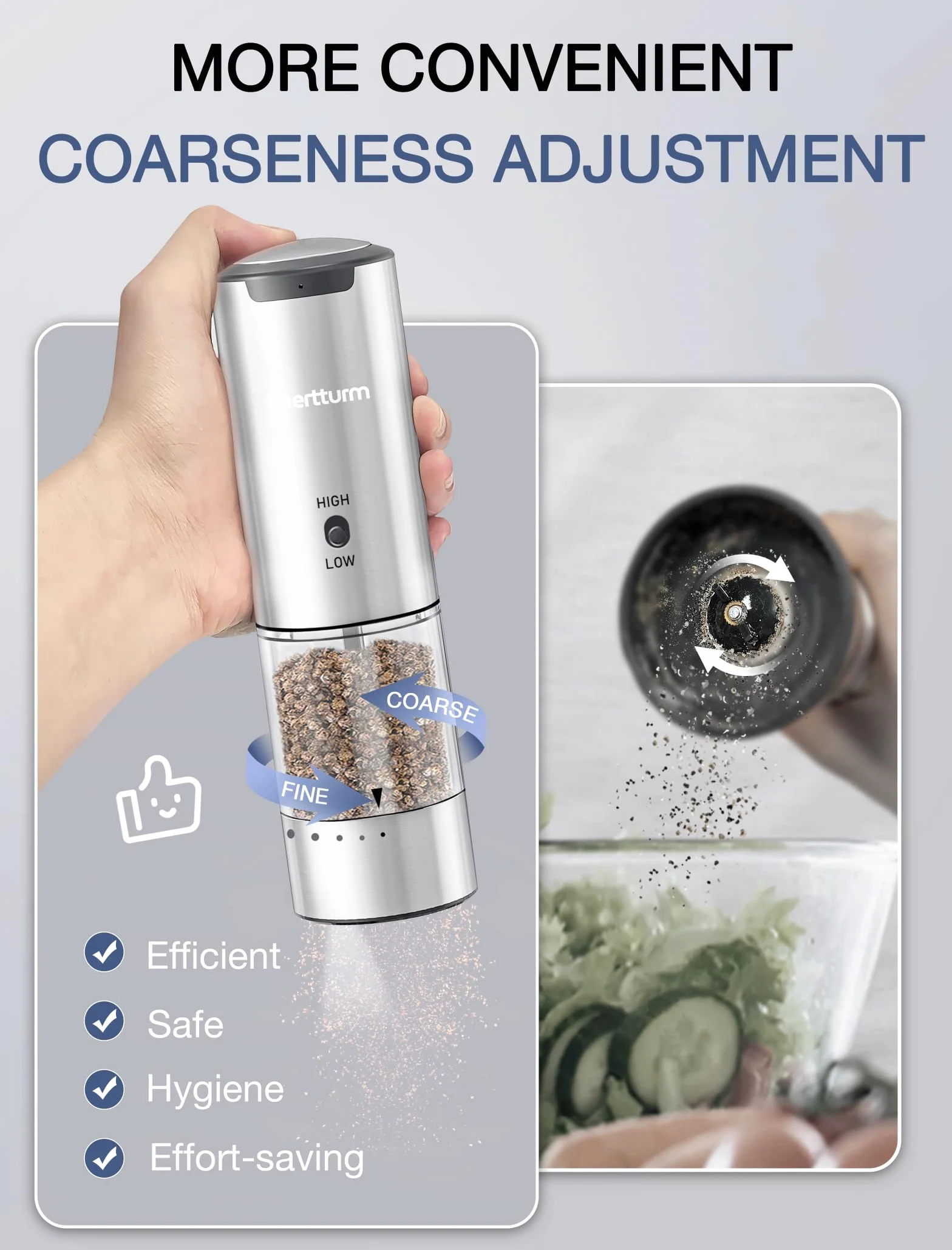MERTTURM Recargable Molinillo Pimienta Eléctrico, Molinillo Especias 95ml Ajuste Externo, Acero Inoxidable Recipiente Lavable con Luz LED, Para Cocina, BBQ, Camping (1PCS)