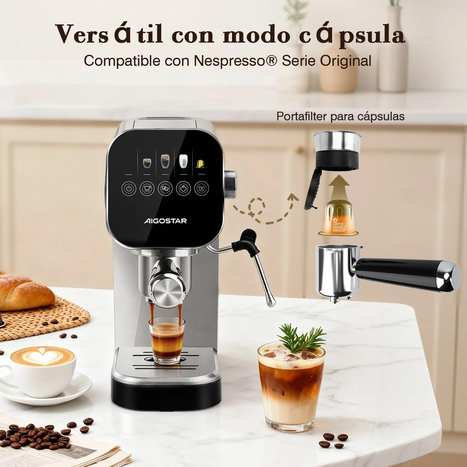 Aigostar Barista - Cafetera Espresso y Capuccino, Compatible con cápsulas y café molido, 20 Bares, Panel Táctil Digital, 1 o 2 tazas, Máquina de café con espumador de leche, 0.9L, 1350W, Inox